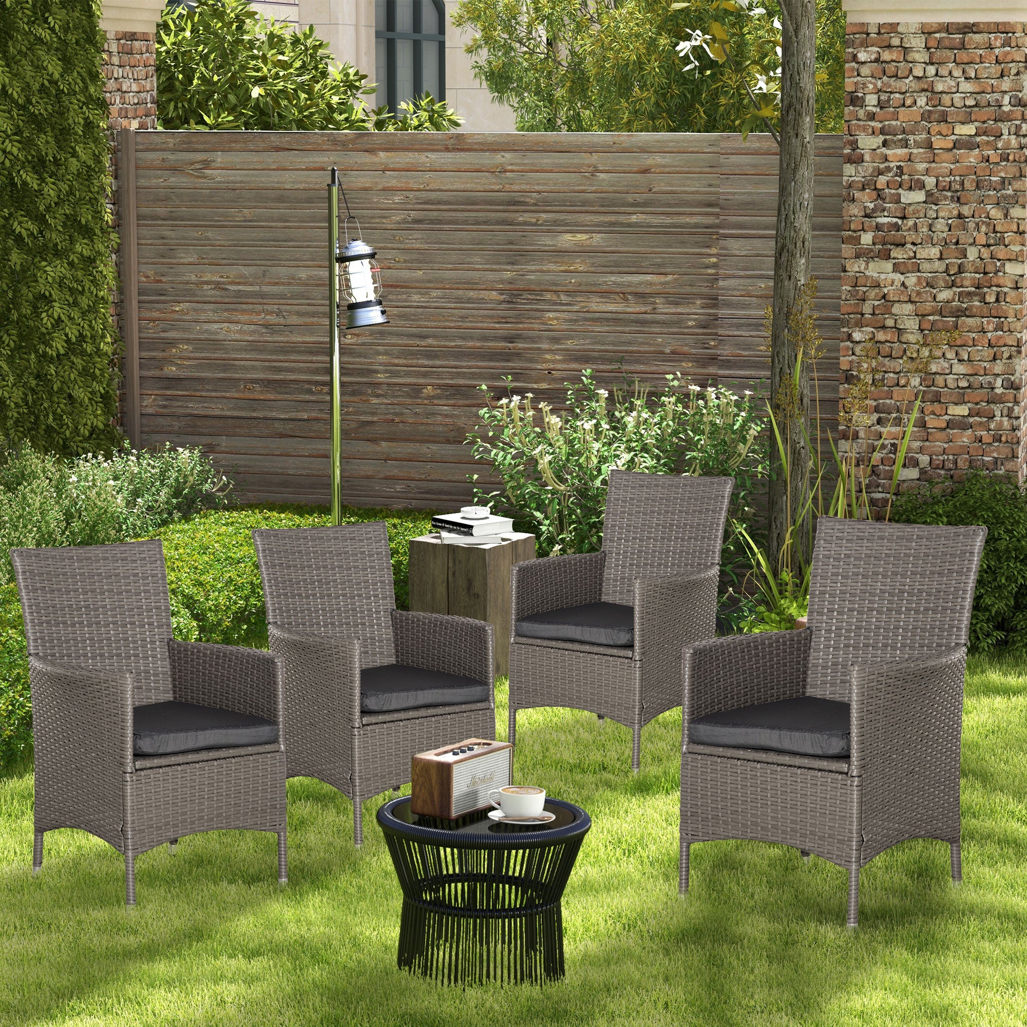 4 Pieces Outdoor Rattan Armchairs Set with Cushion, High Backrest, Grey - Image 3