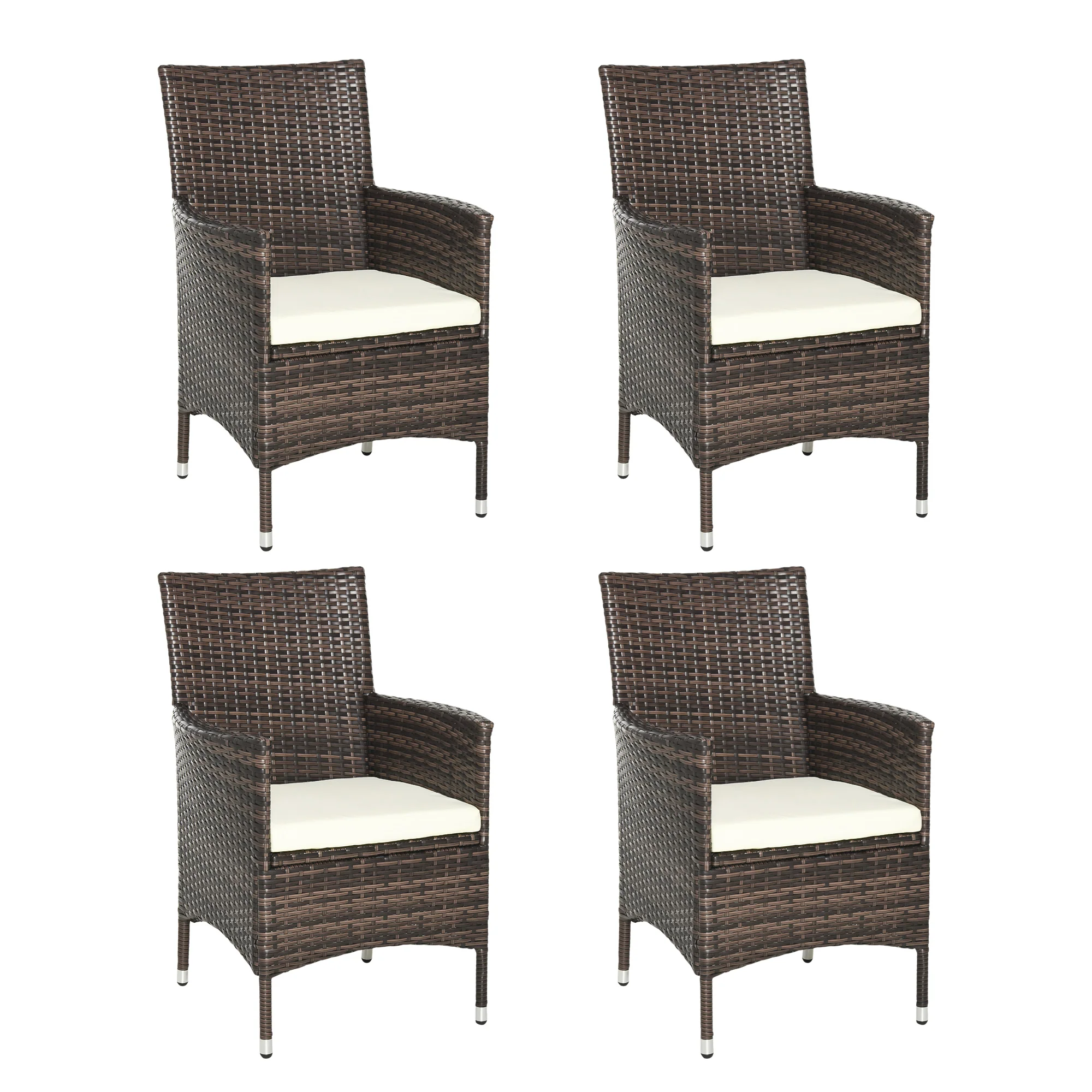 4 Pieces Outdoor Rattan Armchairs Set with Cushion, High Backrest, Deep Coffee