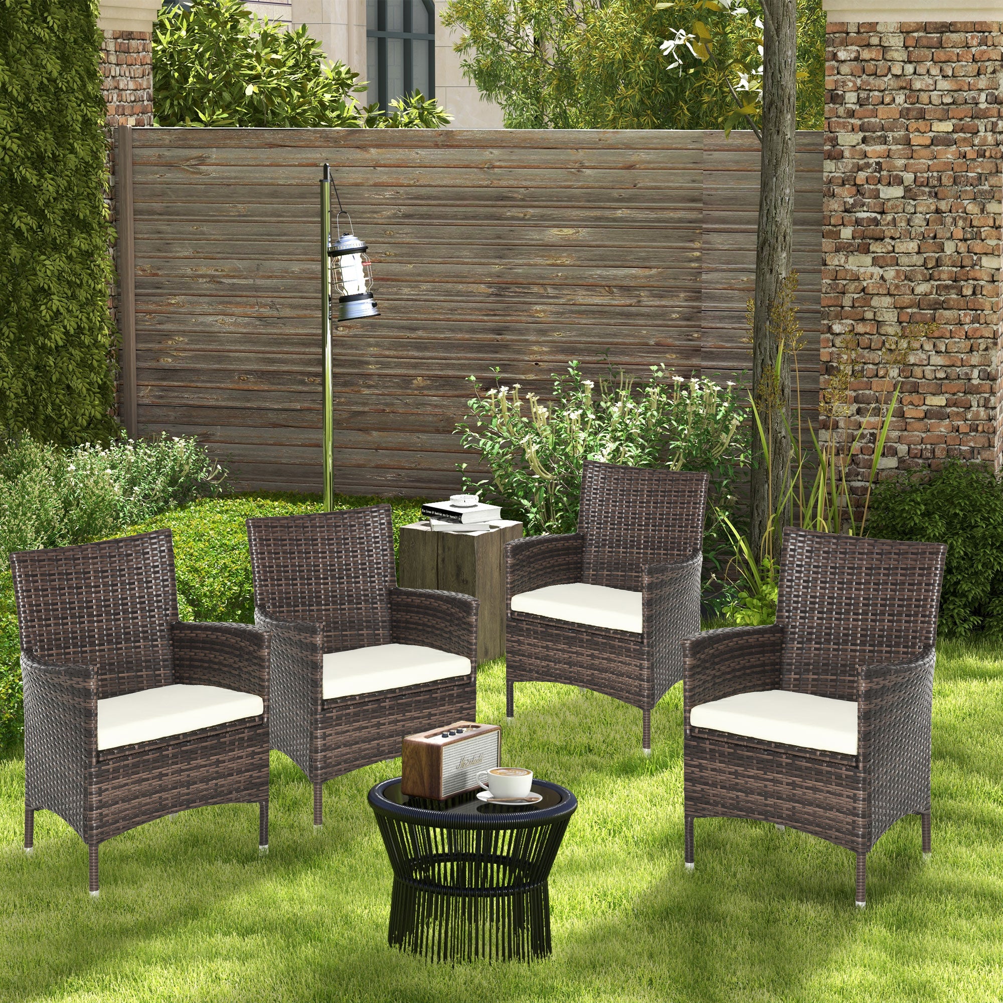 4 Pieces Outdoor Rattan Armchairs Set with Cushion, High Backrest, Deep Coffee - Image 3