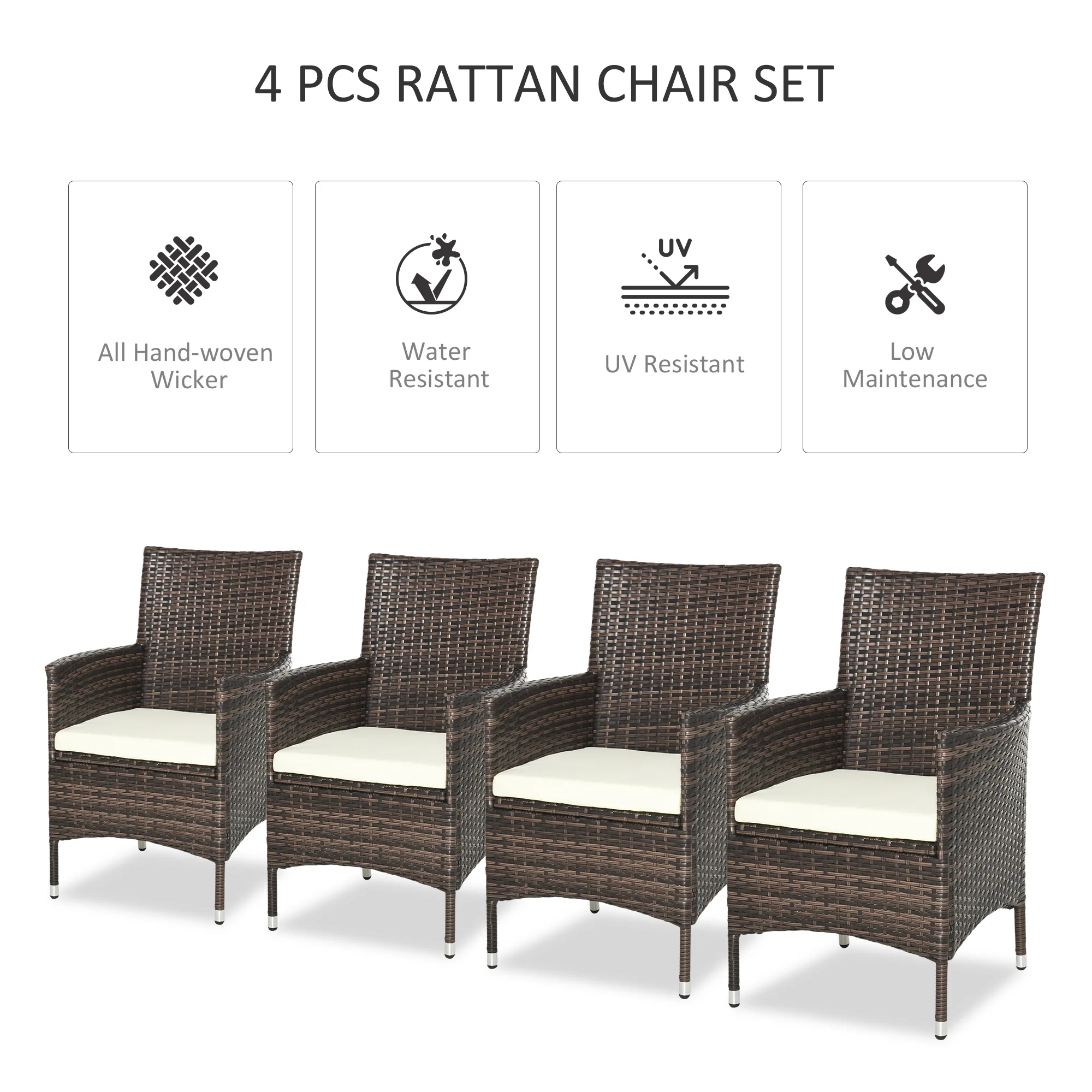 4 Pieces Outdoor Rattan Armchairs Set with Cushion, High Backrest, Deep Coffee - Image 6