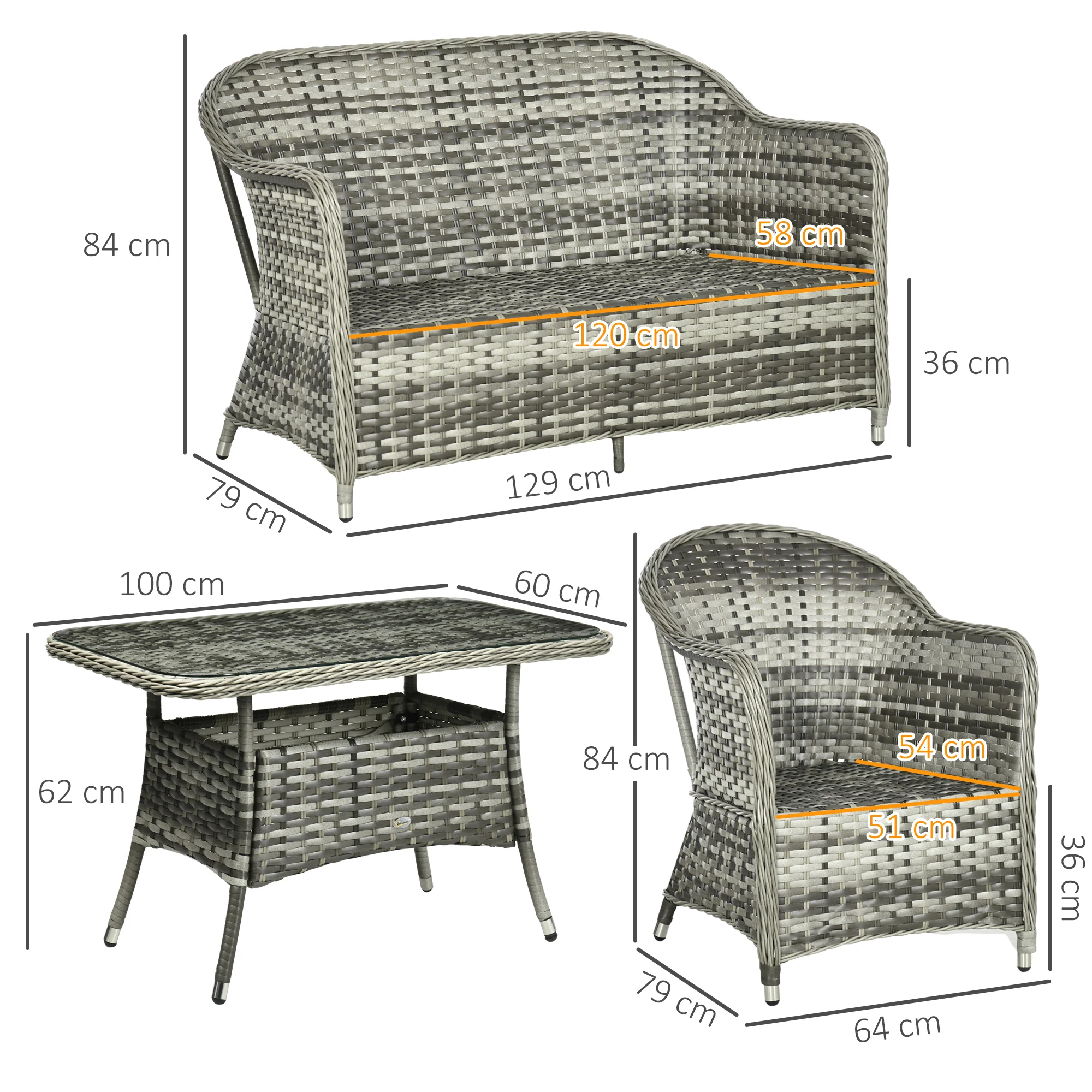 4 Pieces Patio Wicker Sofa Set w/ Tempered Glass Top Table, Loveseat & Armchairs, Grey - Image 5