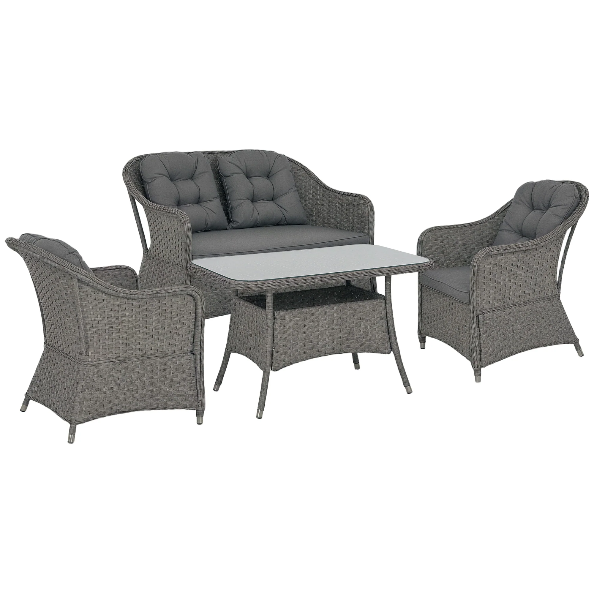 4 Pieces Patio Wicker Sofa Set w/ Tempered Glass Top Table, Loveseat & Armchairs, Light Grey - Image 12
