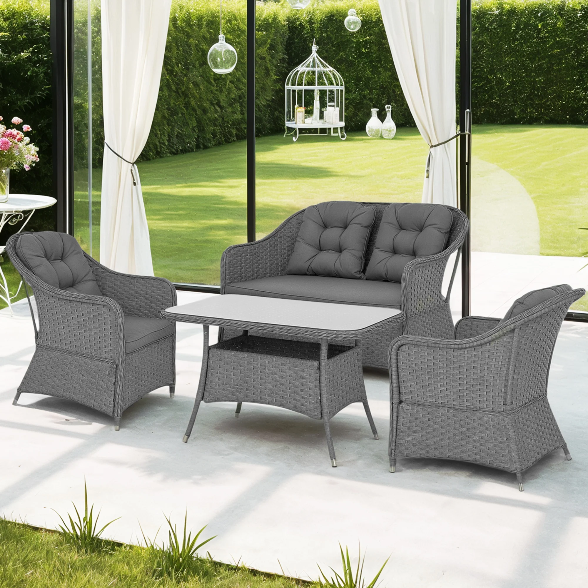 4 Pieces Patio Wicker Sofa Set w/ Tempered Glass Top Table, Loveseat & Armchairs, Light Grey - Image 3
