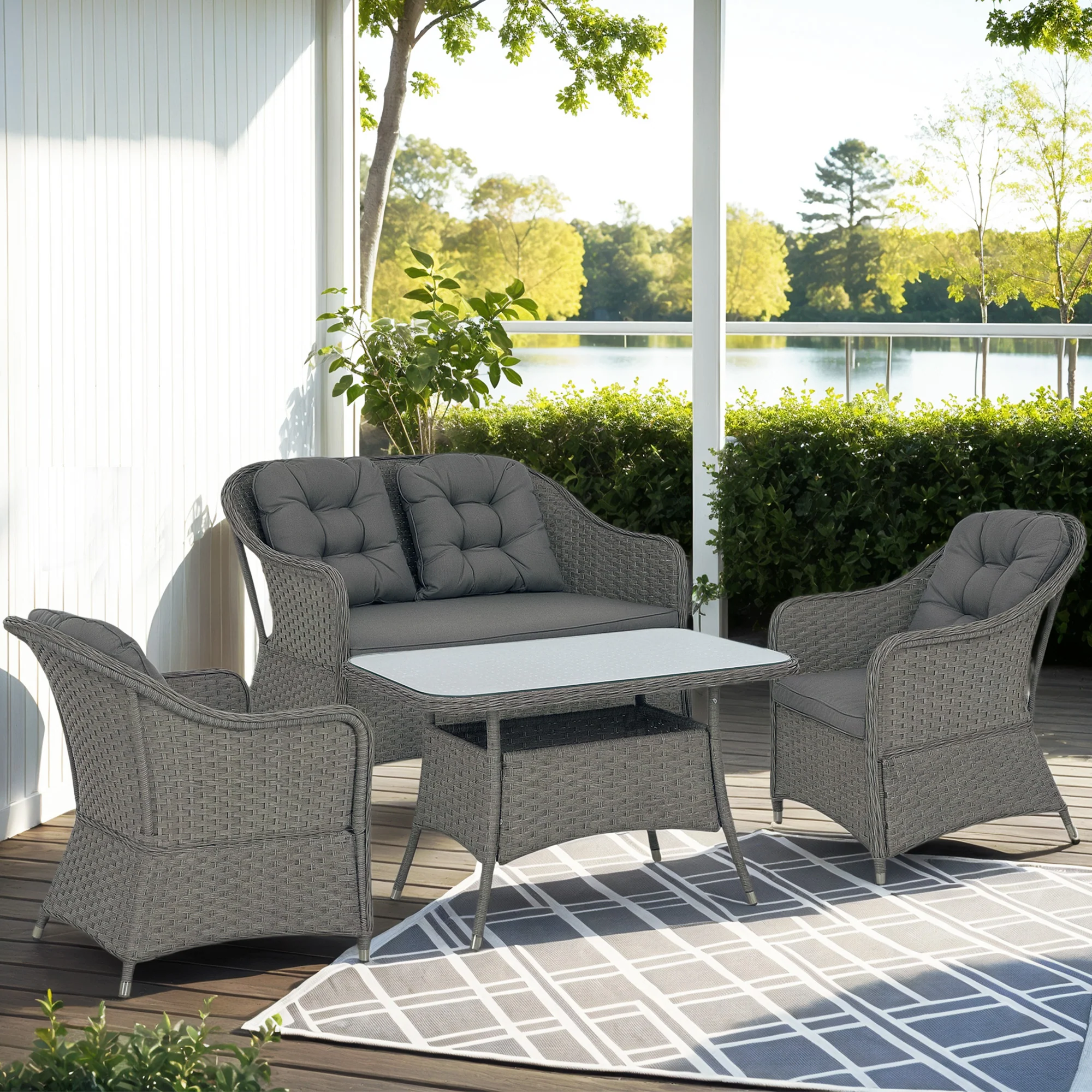 4 Pieces Patio Wicker Sofa Set w/ Tempered Glass Top Table, Loveseat & Armchairs, Light Grey - Image 4