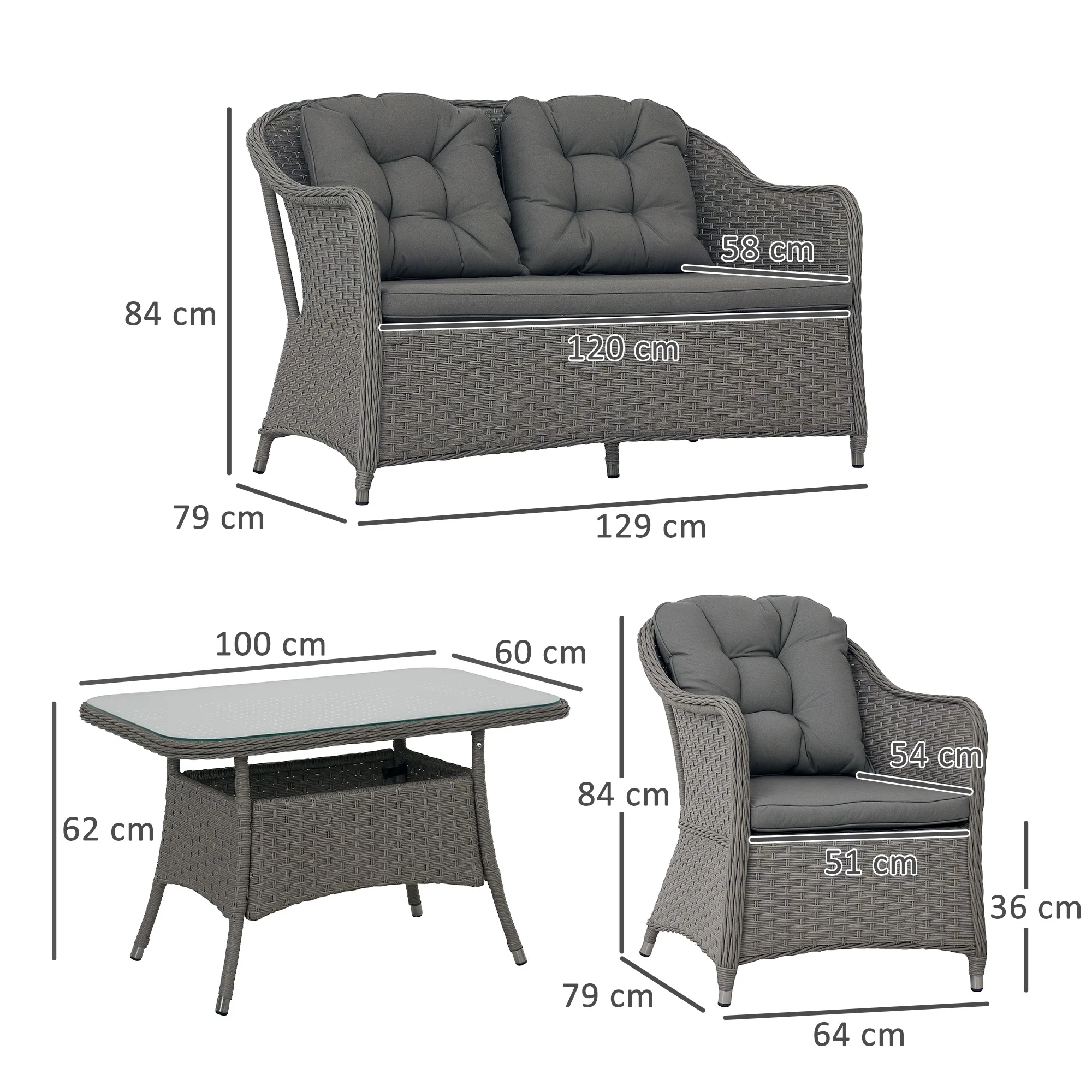 4 Pieces Patio Wicker Sofa Set w/ Tempered Glass Top Table, Loveseat & Armchairs, Light Grey - Image 5