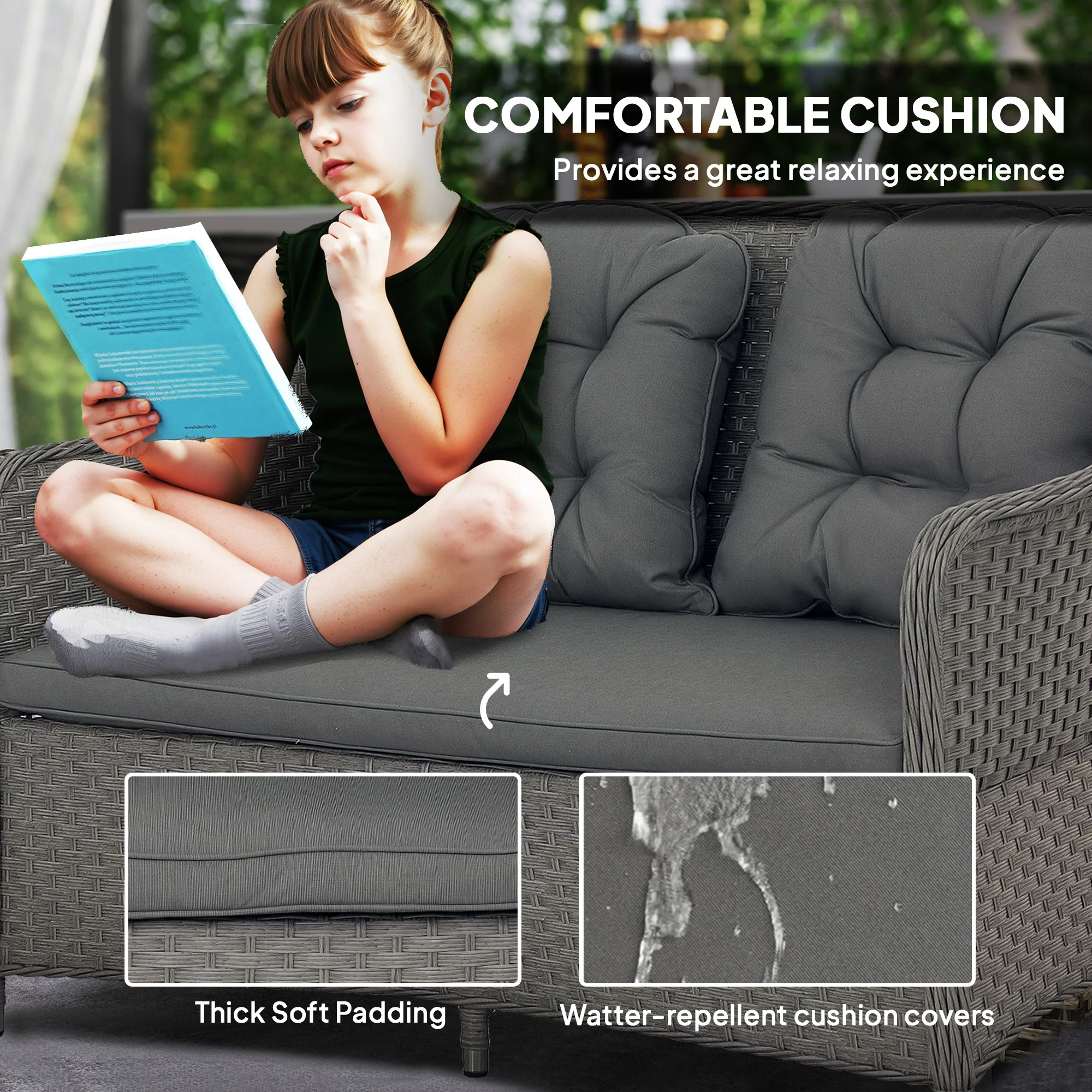 4 Pieces Patio Wicker Sofa Set w/ Tempered Glass Top Table, Loveseat & Armchairs, Light Grey - Image 7