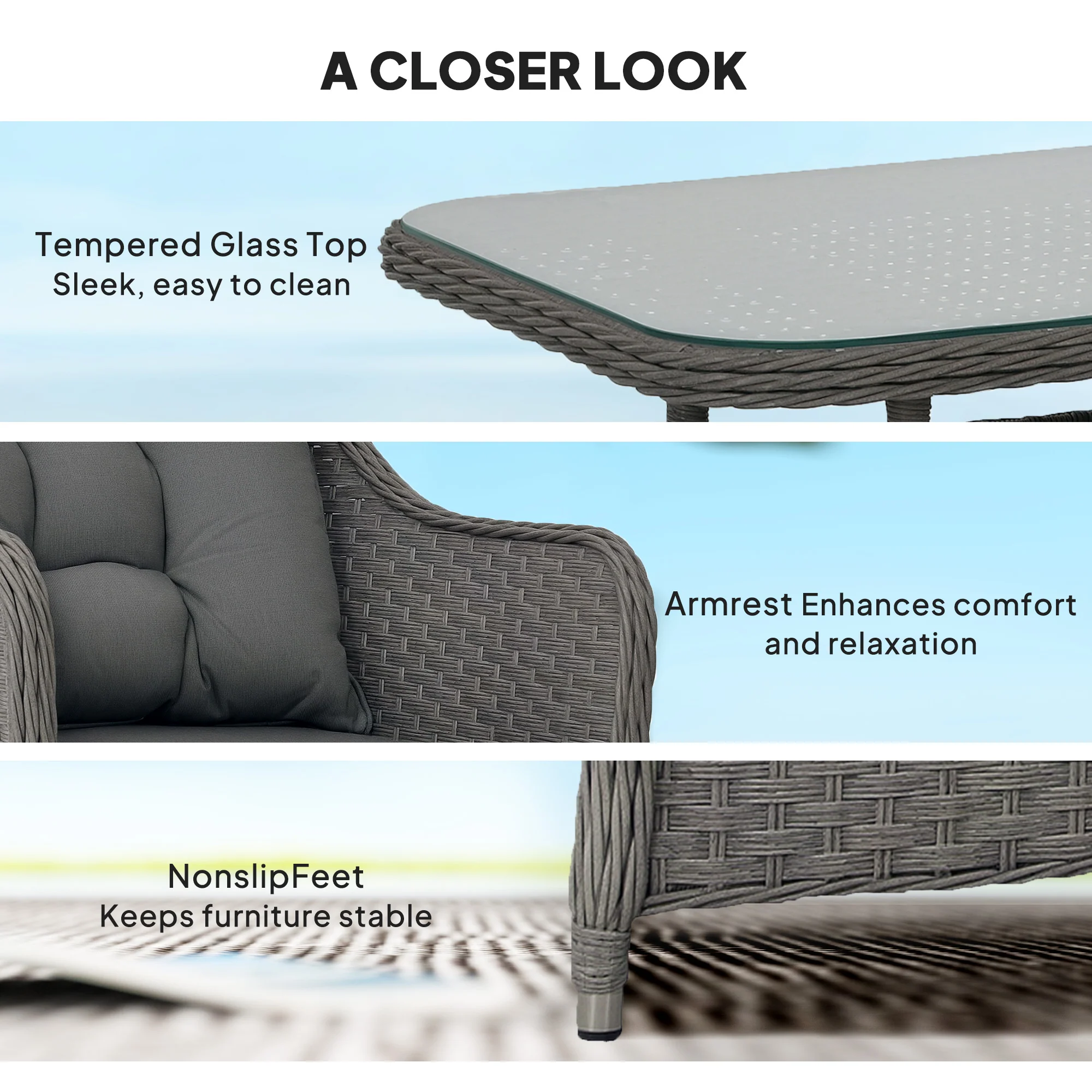 4 Pieces Patio Wicker Sofa Set w/ Tempered Glass Top Table, Loveseat & Armchairs, Light Grey - Image 8