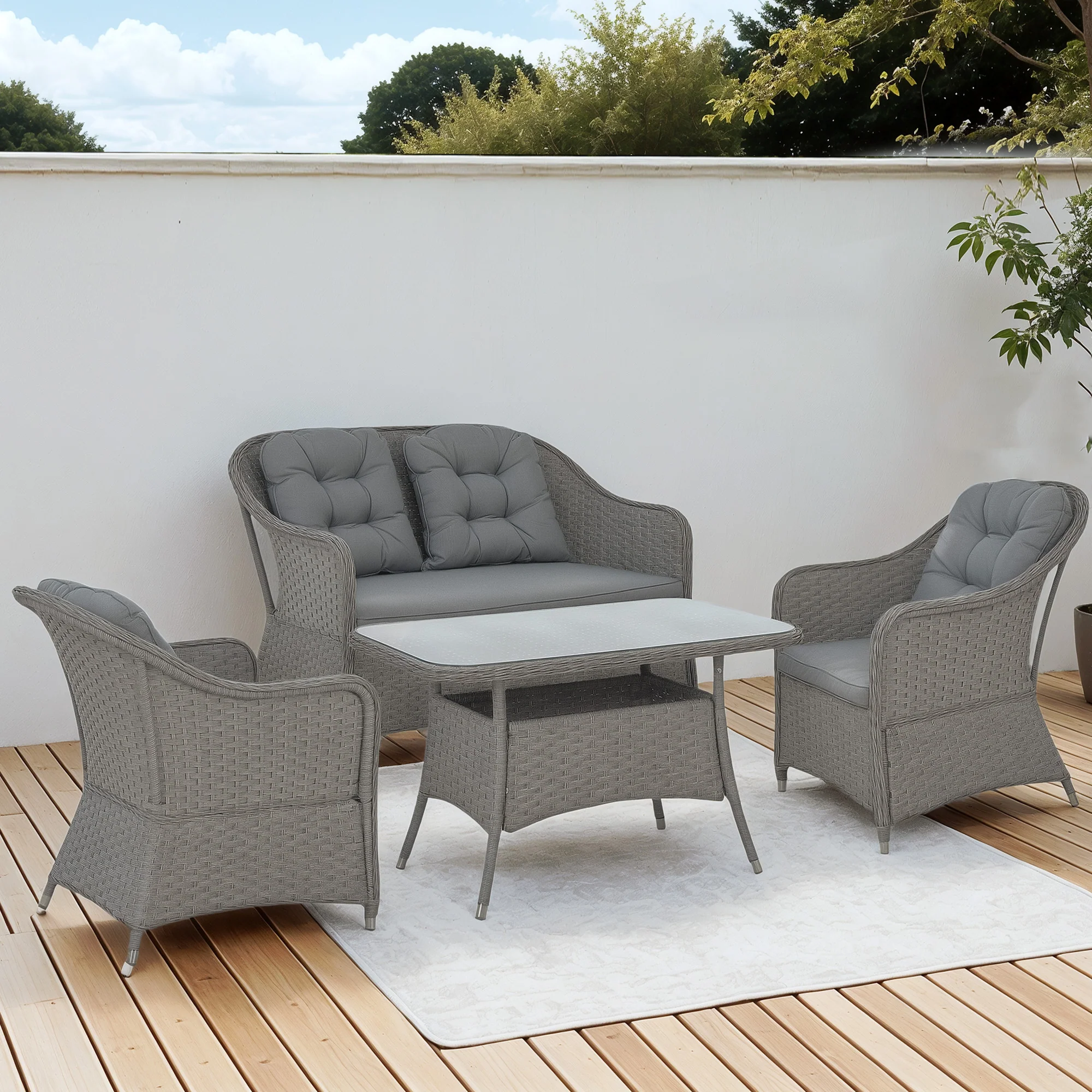 4 Pieces Patio Wicker Sofa Set w/ Tempered Glass Top Table, Loveseat & Armchairs, Light Grey - Image 9