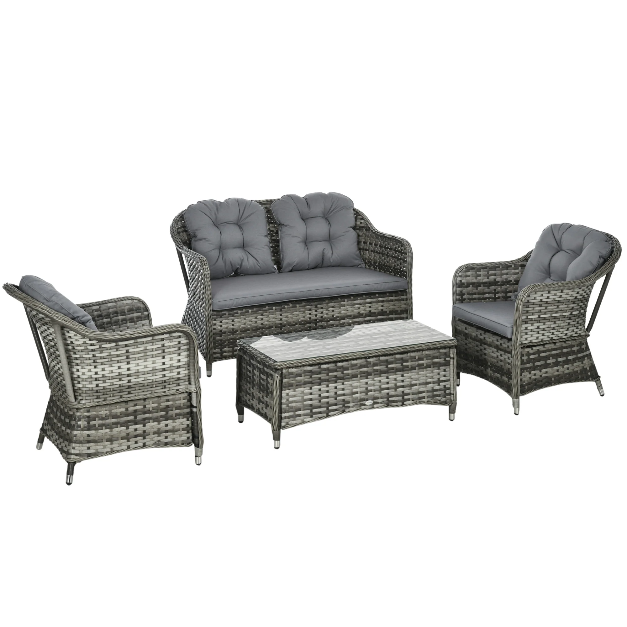4 Pieces Patio Hand Weave Wicker Sofa Set with Glass Top Coffee Table, Mixed Grey