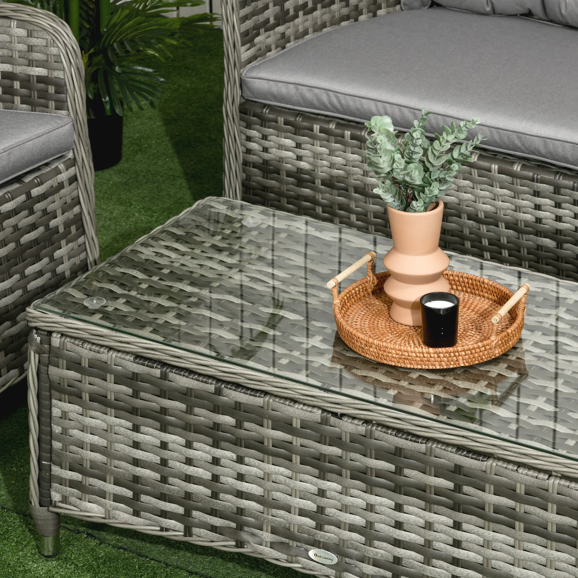4 Pieces Patio Hand Weave Wicker Sofa Set with Glass Top Coffee Table, Mixed Grey - Image 11