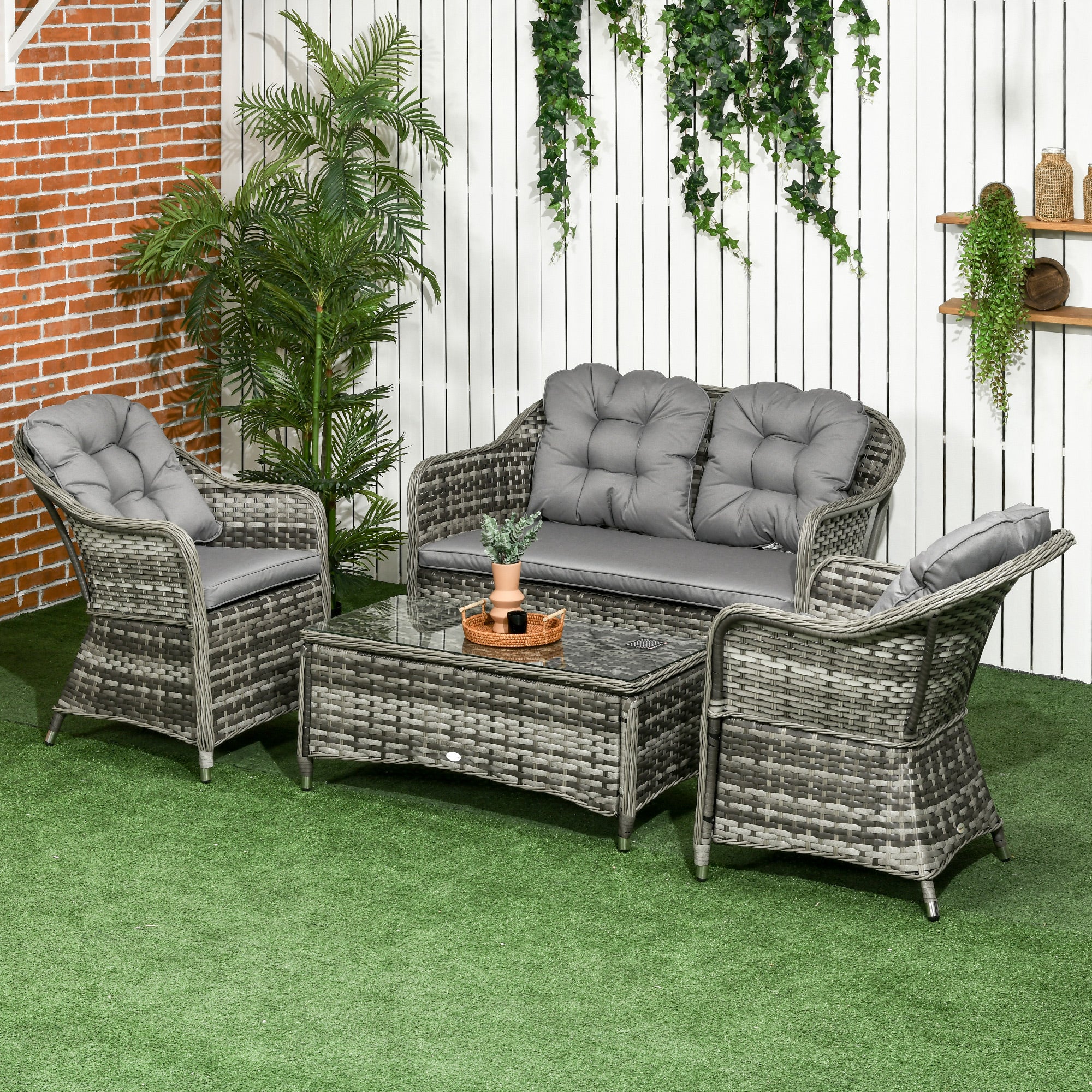 4 Pieces Patio Hand Weave Wicker Sofa Set with Glass Top Coffee Table, Mixed Grey - Image 3
