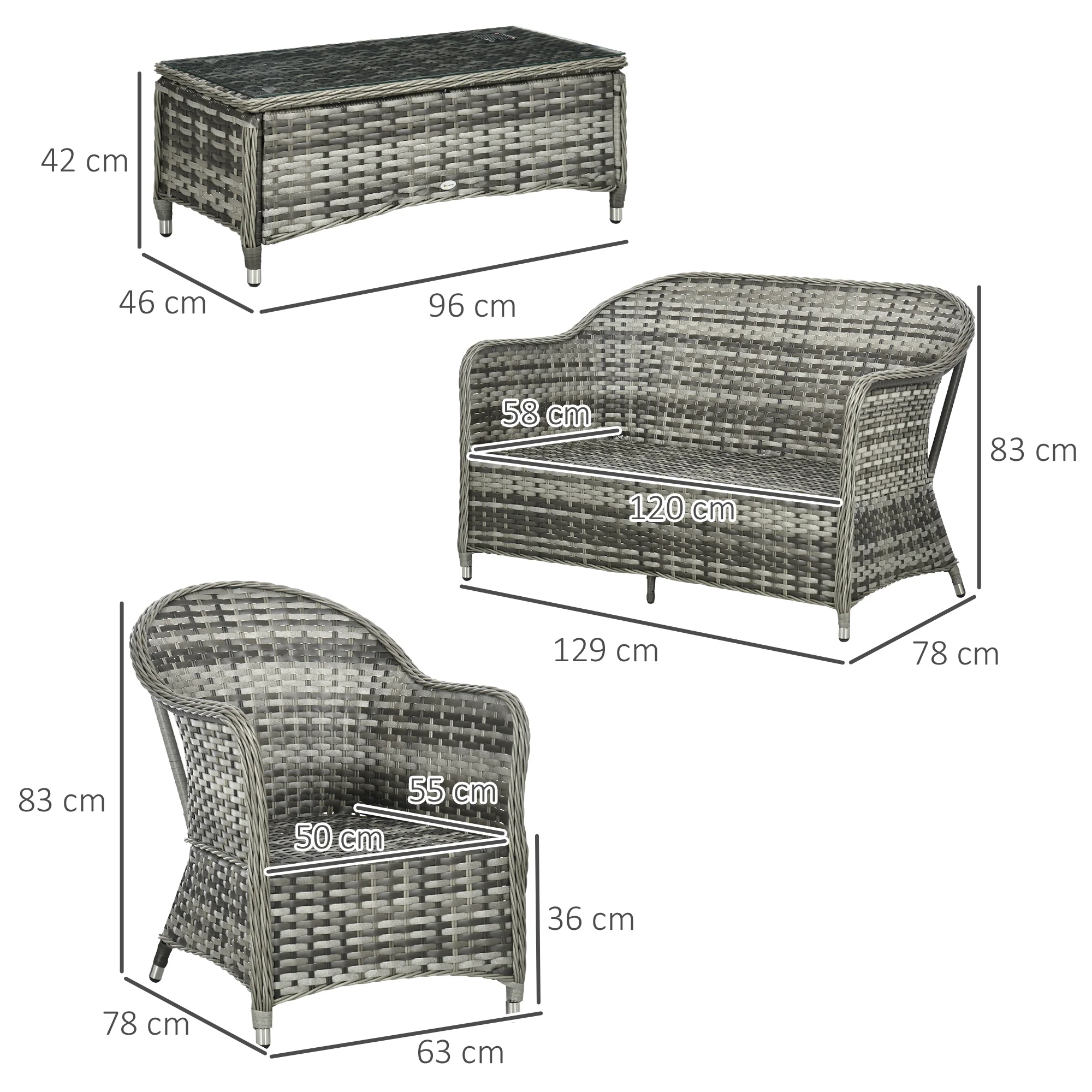 4 Pieces Patio Hand Weave Wicker Sofa Set with Glass Top Coffee Table, Mixed Grey - Image 5