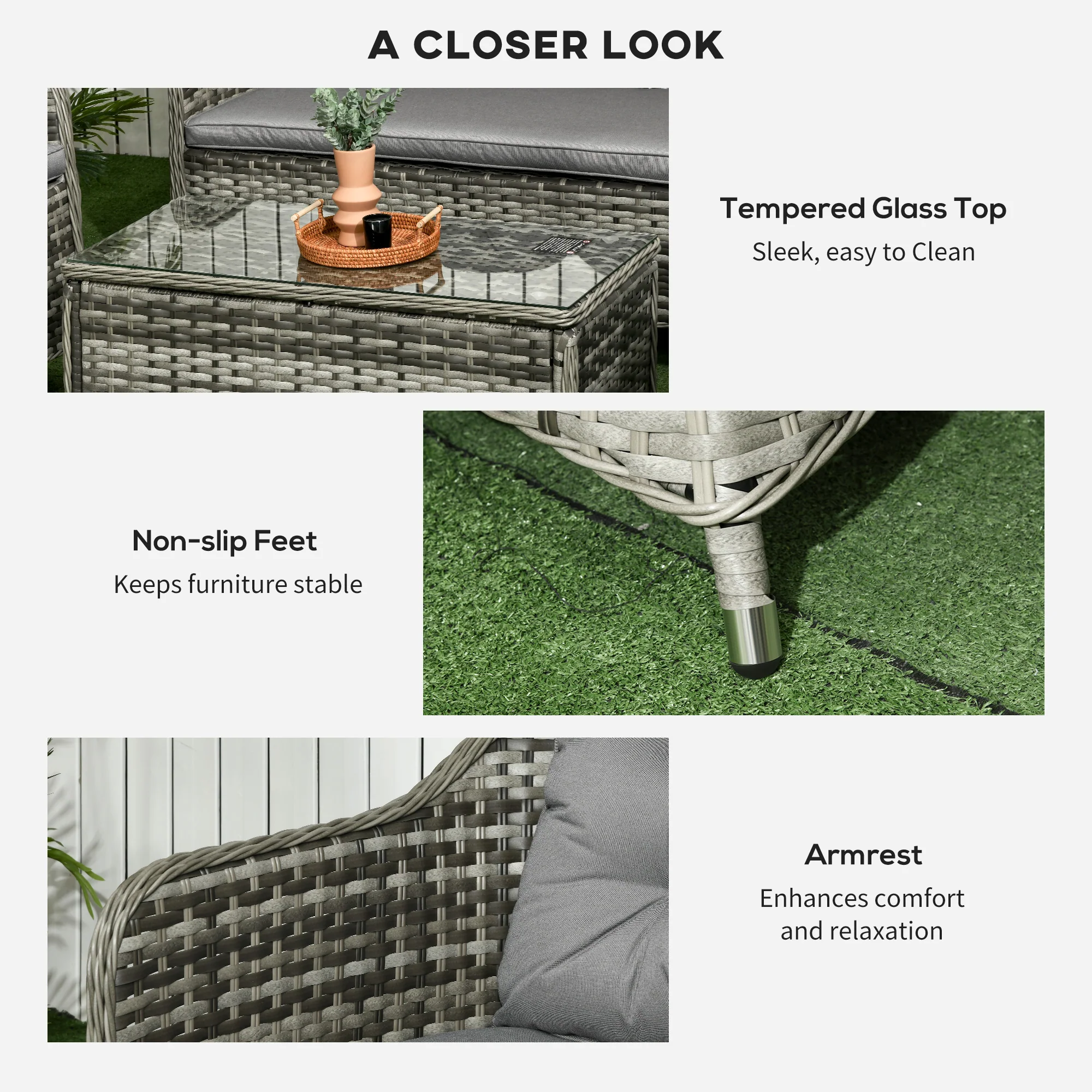 4 Pieces Patio Hand Weave Wicker Sofa Set with Glass Top Coffee Table, Mixed Grey - Image 8