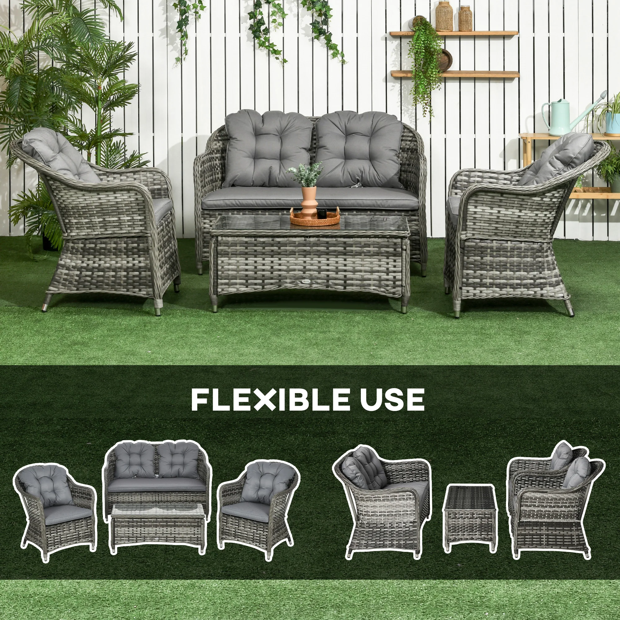 4 Pieces Patio Hand Weave Wicker Sofa Set with Glass Top Coffee Table, Mixed Grey - Image 9