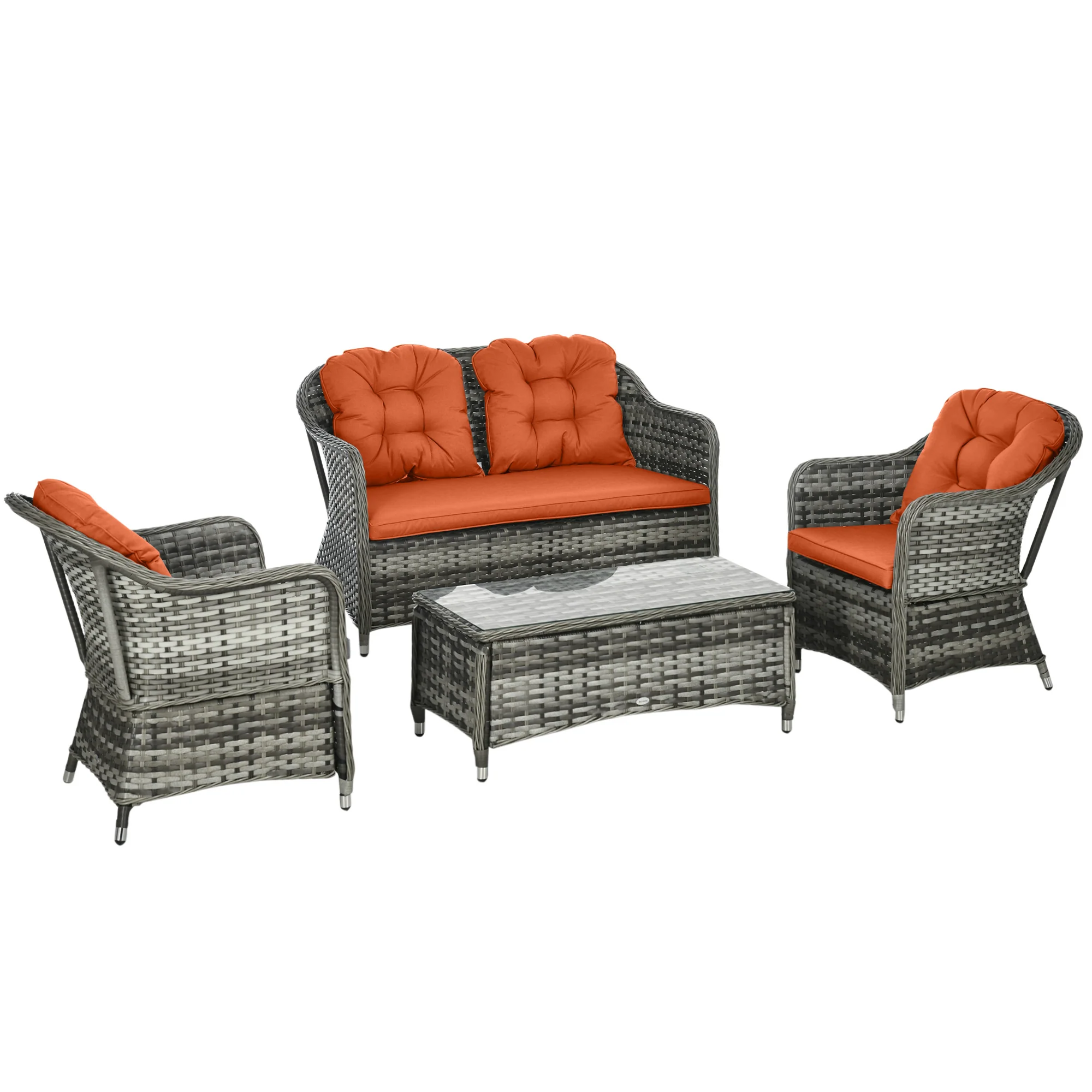 4 Pieces Patio Hand Weave Wicker Sofa Set with Glass Top Coffee Table, Orange