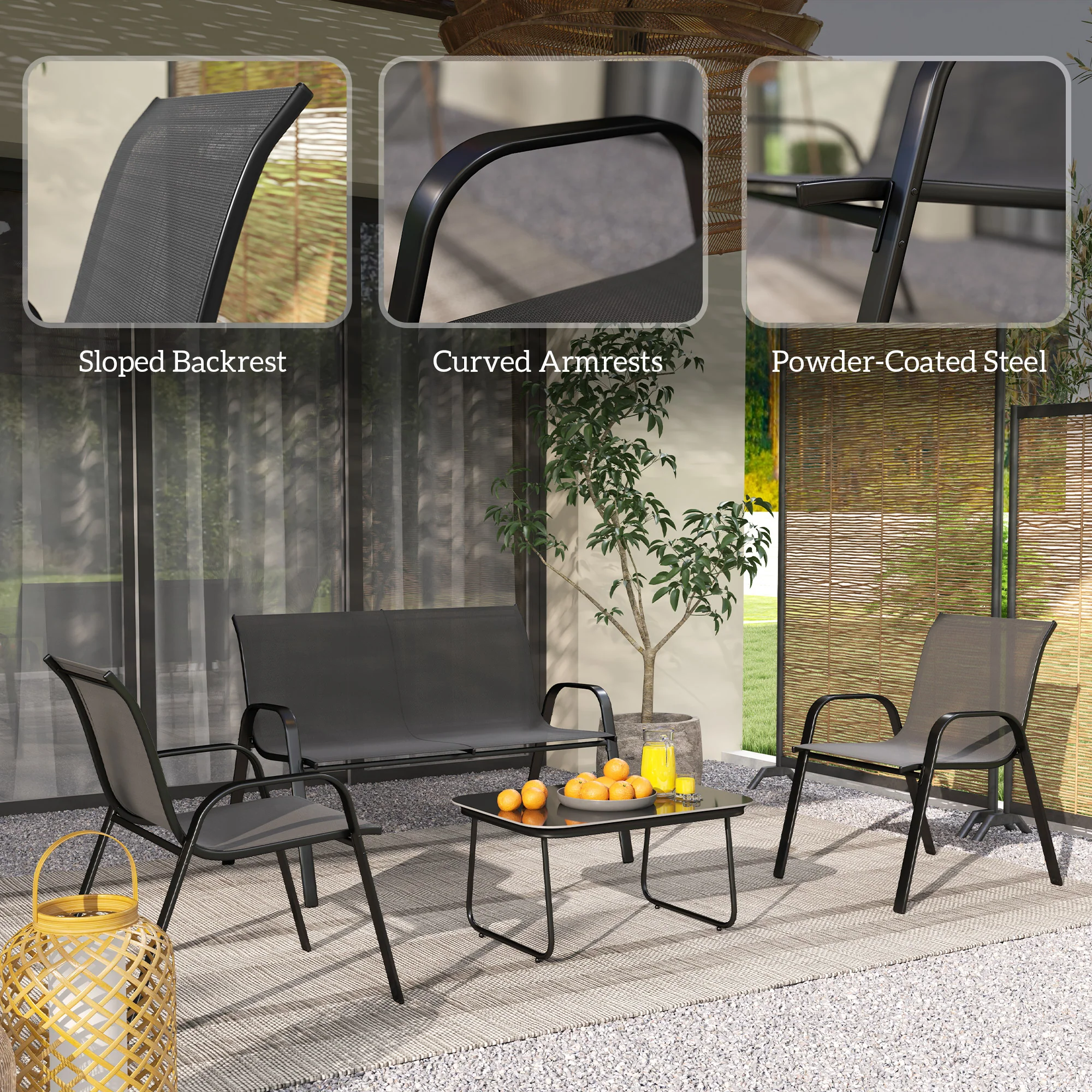 4 Pieces Outdoor Patio Set w/ 2 Stackable Chairs, Loveseat & Glass Coffee Table, Black - Image 10