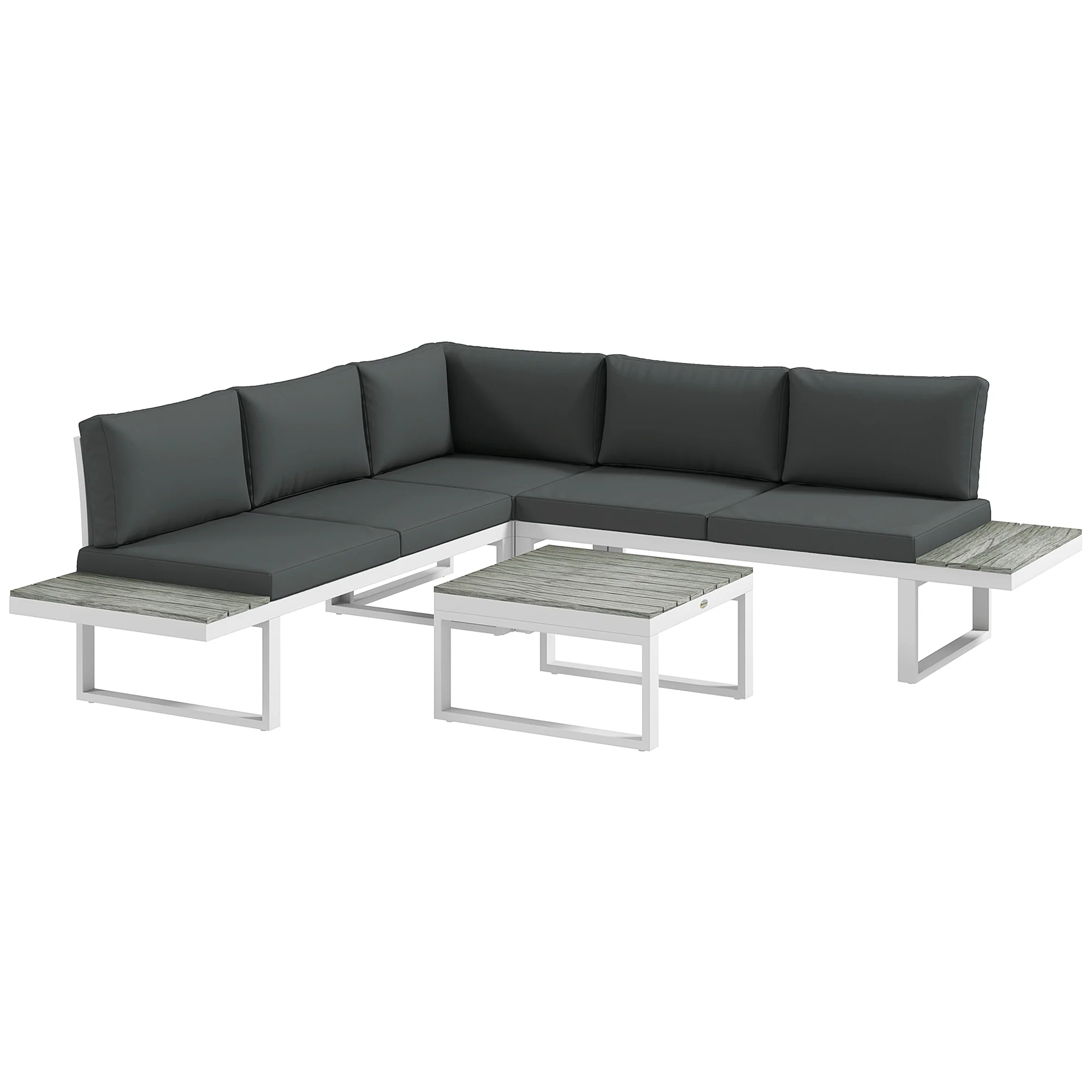 FlexNook Patio Sofa Set w/ 5-Level Recline Corner Sofa and Slatted Table, White and Grey