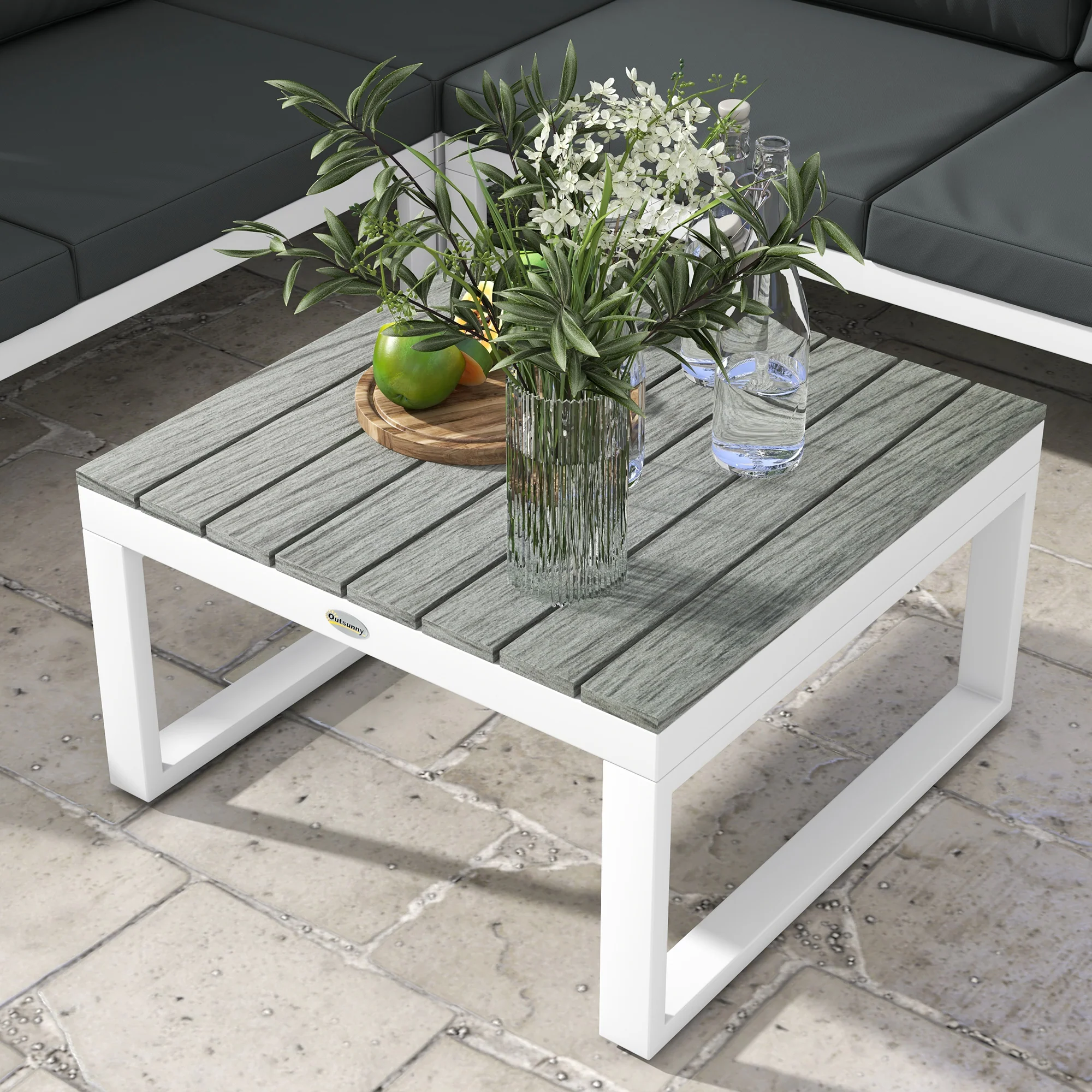 FlexNook Patio Sofa Set w/ 5-Level Recline Corner Sofa and Slatted Table, White and Grey - Image 10