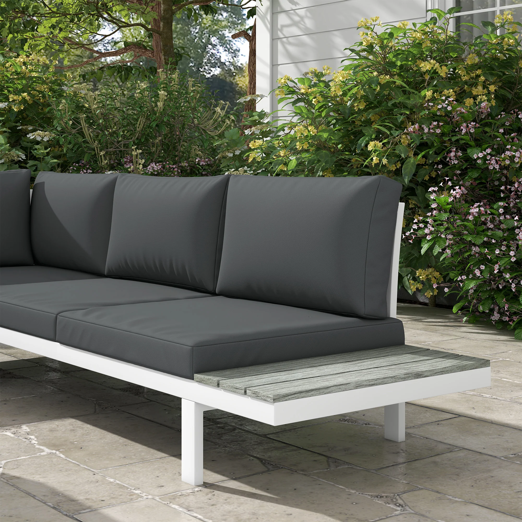 FlexNook Patio Sofa Set w/ 5-Level Recline Corner Sofa and Slatted Table, White and Grey - Image 11