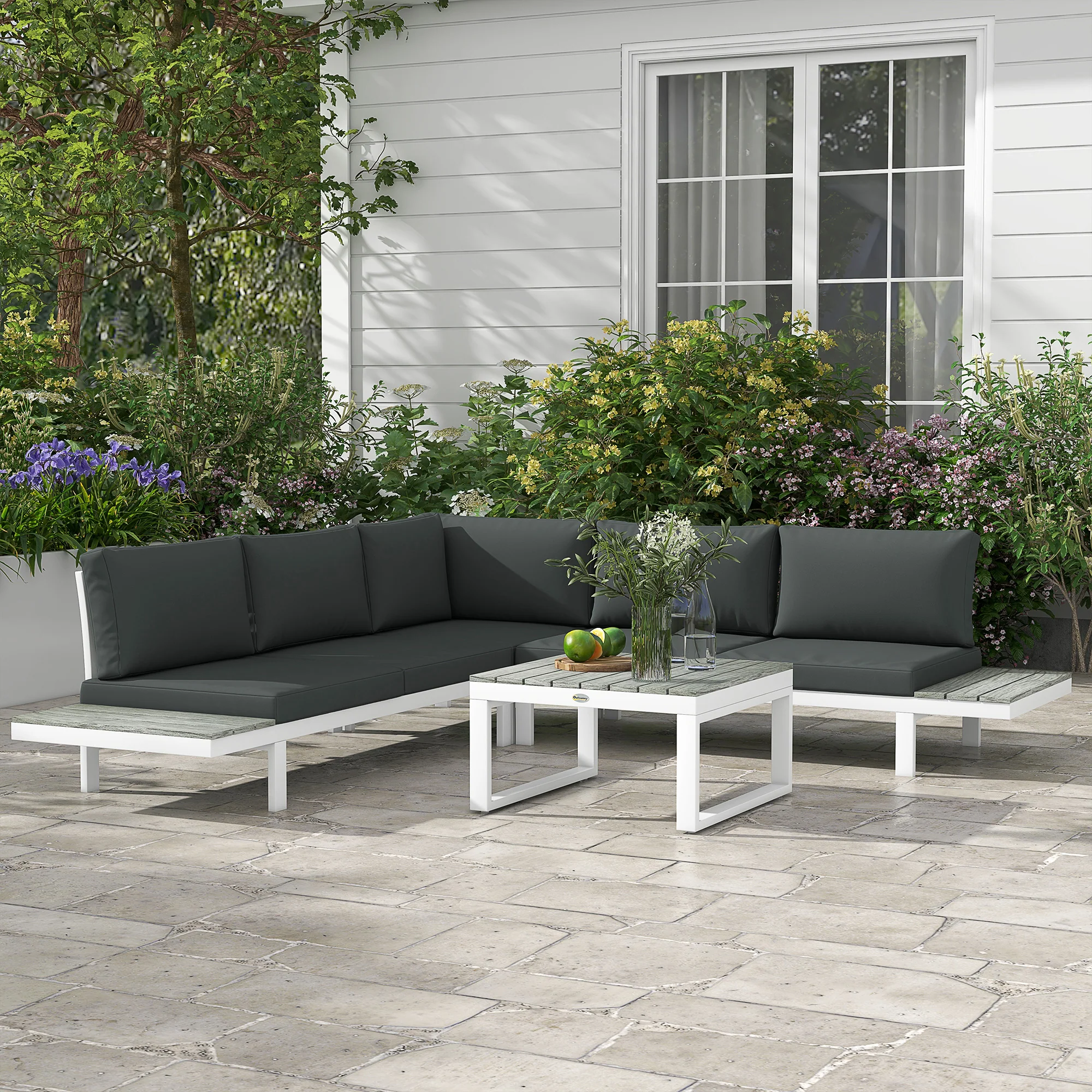 FlexNook Patio Sofa Set w/ 5-Level Recline Corner Sofa and Slatted Table, White and Grey - Image 3