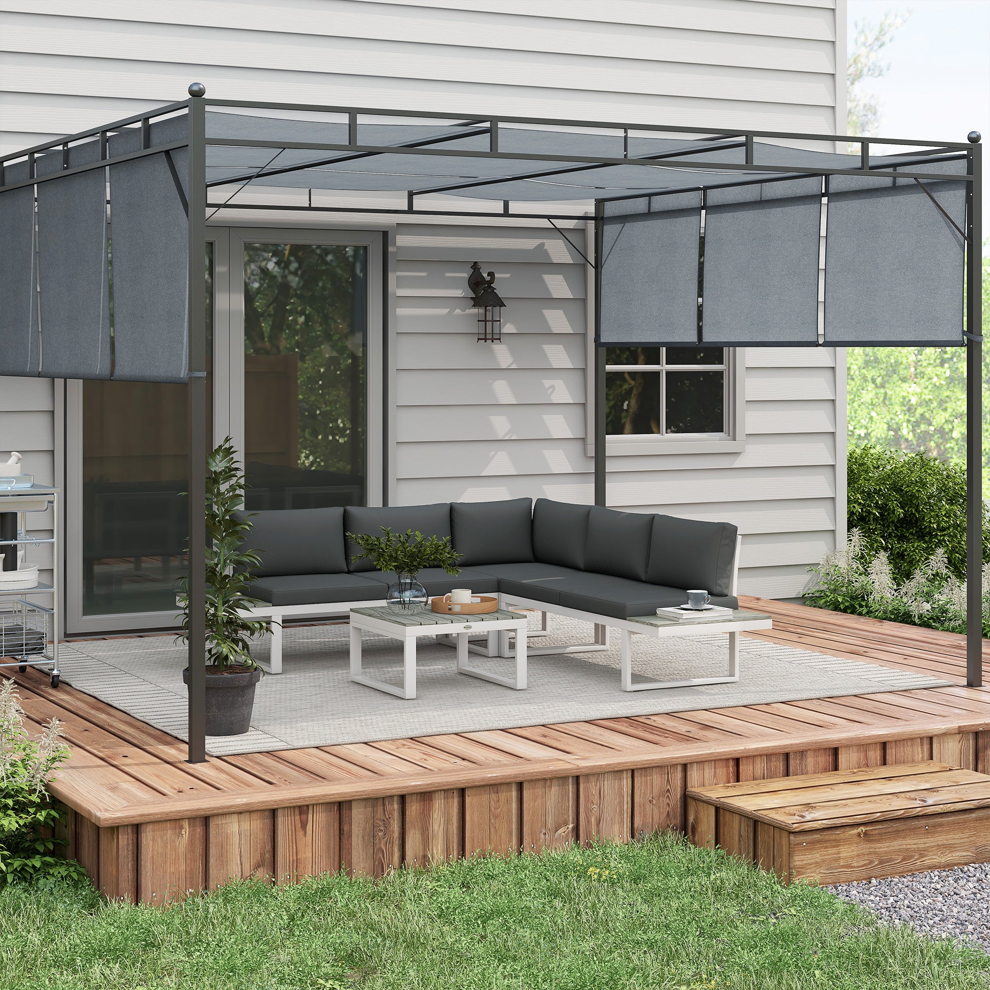 FlexNook Patio Sofa Set w/ 5-Level Recline Corner Sofa and Slatted Table, White and Grey - Image 4
