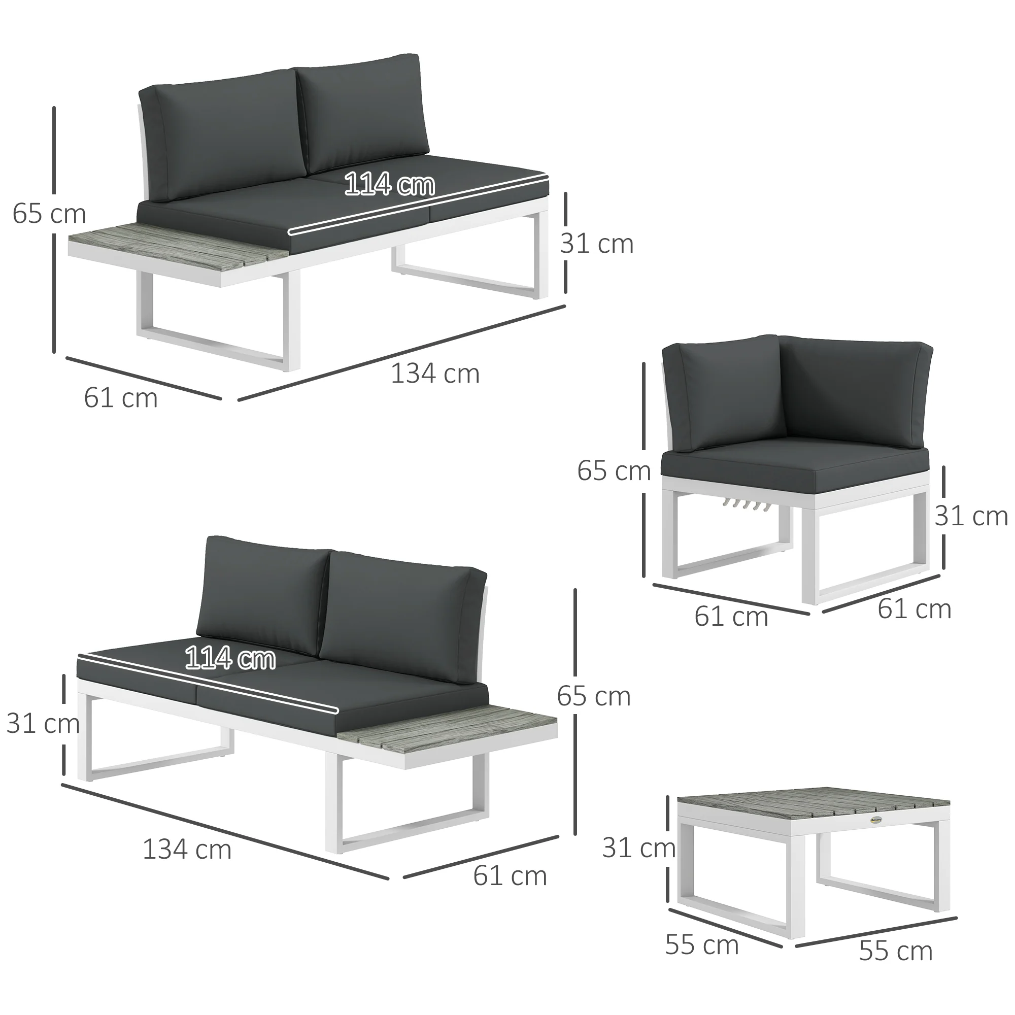 FlexNook Patio Sofa Set w/ 5-Level Recline Corner Sofa and Slatted Table, White and Grey - Image 5