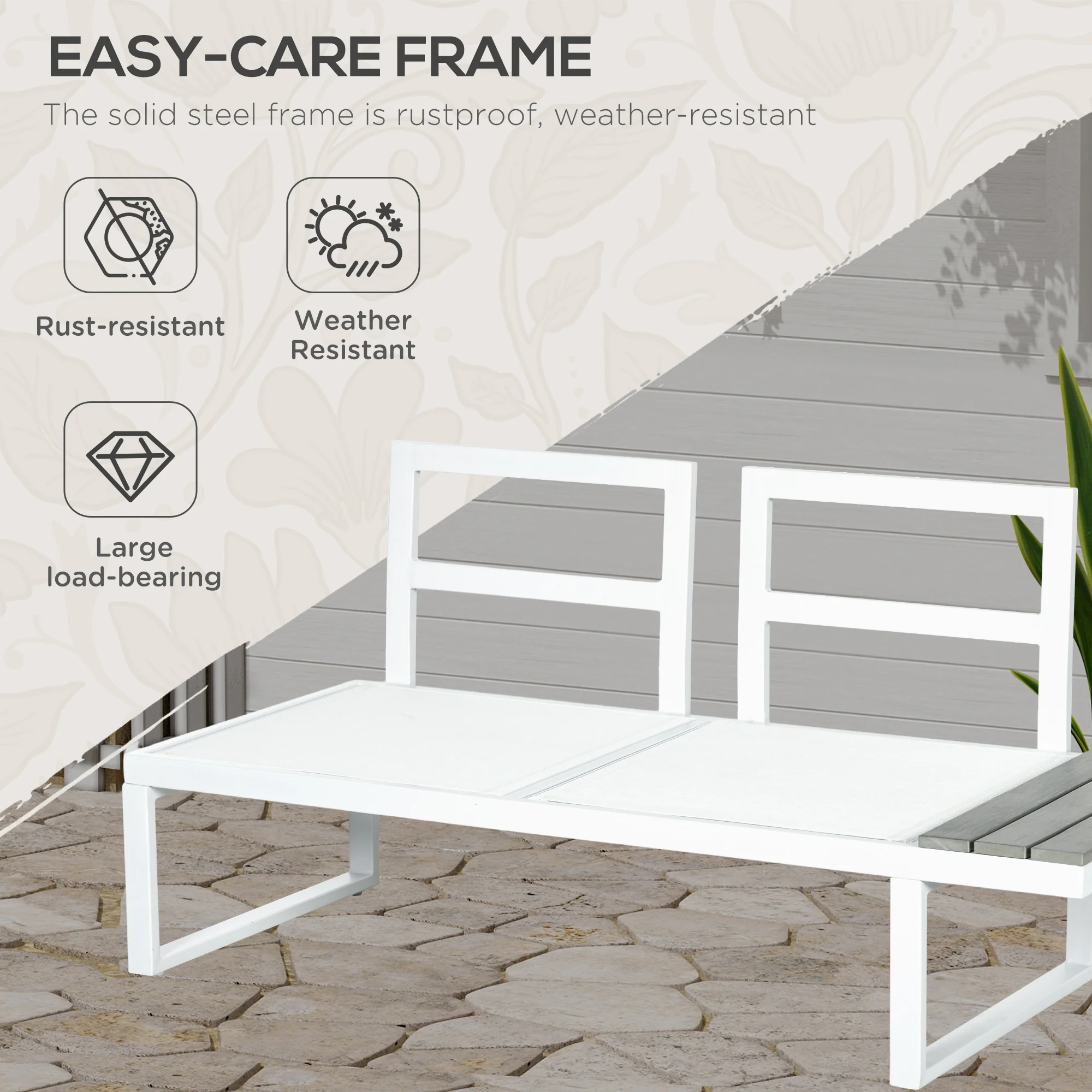 FlexNook Patio Sofa Set w/ 5-Level Recline Corner Sofa and Slatted Table, White and Grey - Image 6