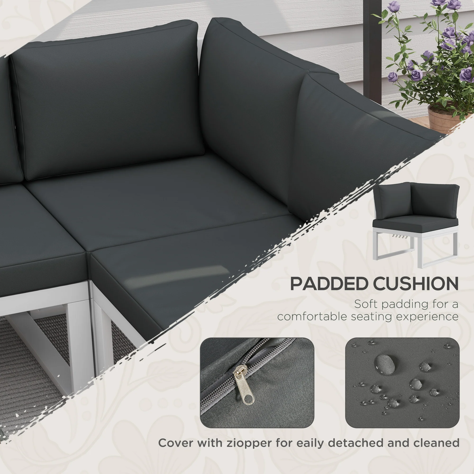 FlexNook Patio Sofa Set w/ 5-Level Recline Corner Sofa and Slatted Table, White and Grey - Image 7