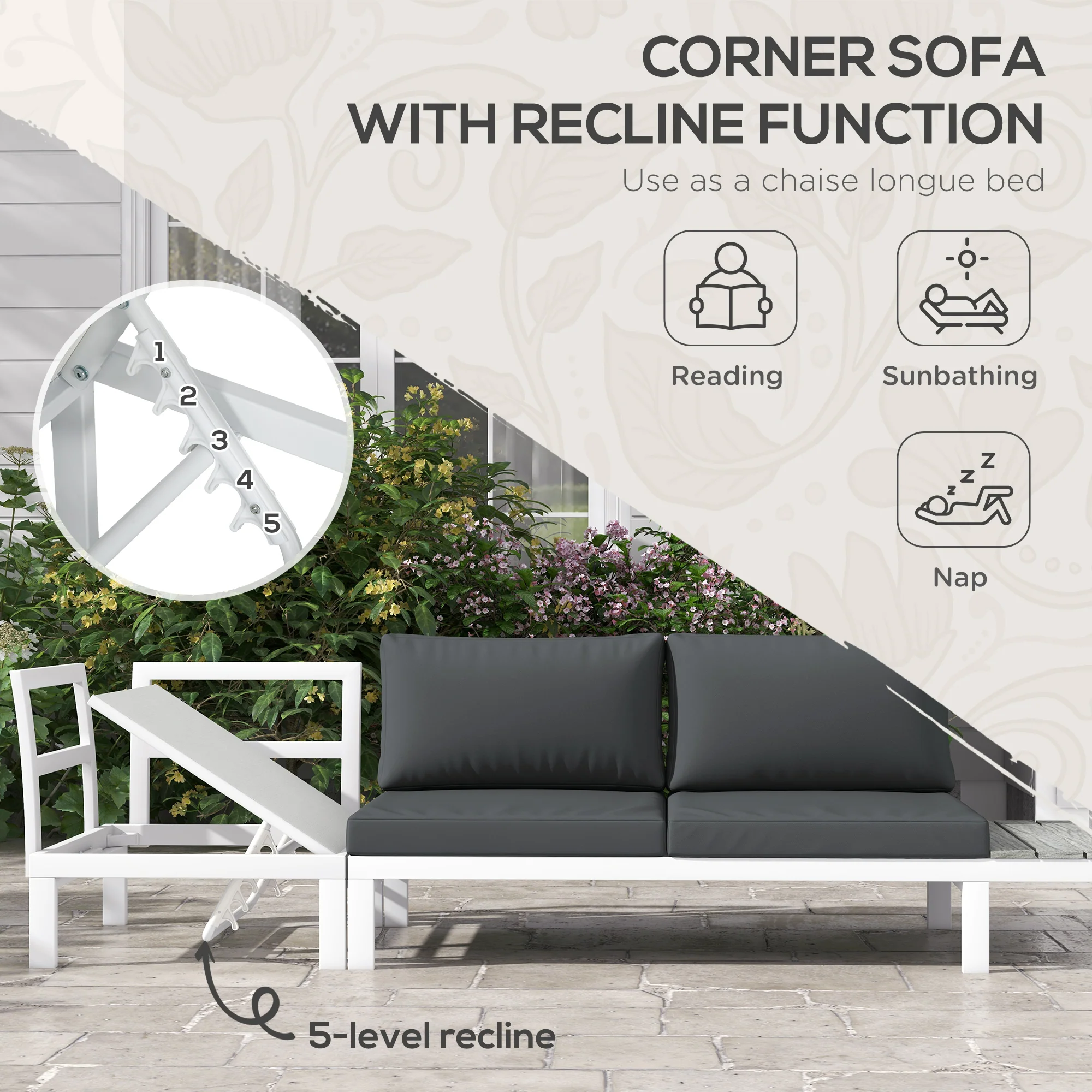 FlexNook Patio Sofa Set w/ 5-Level Recline Corner Sofa and Slatted Table, White and Grey - Image 8