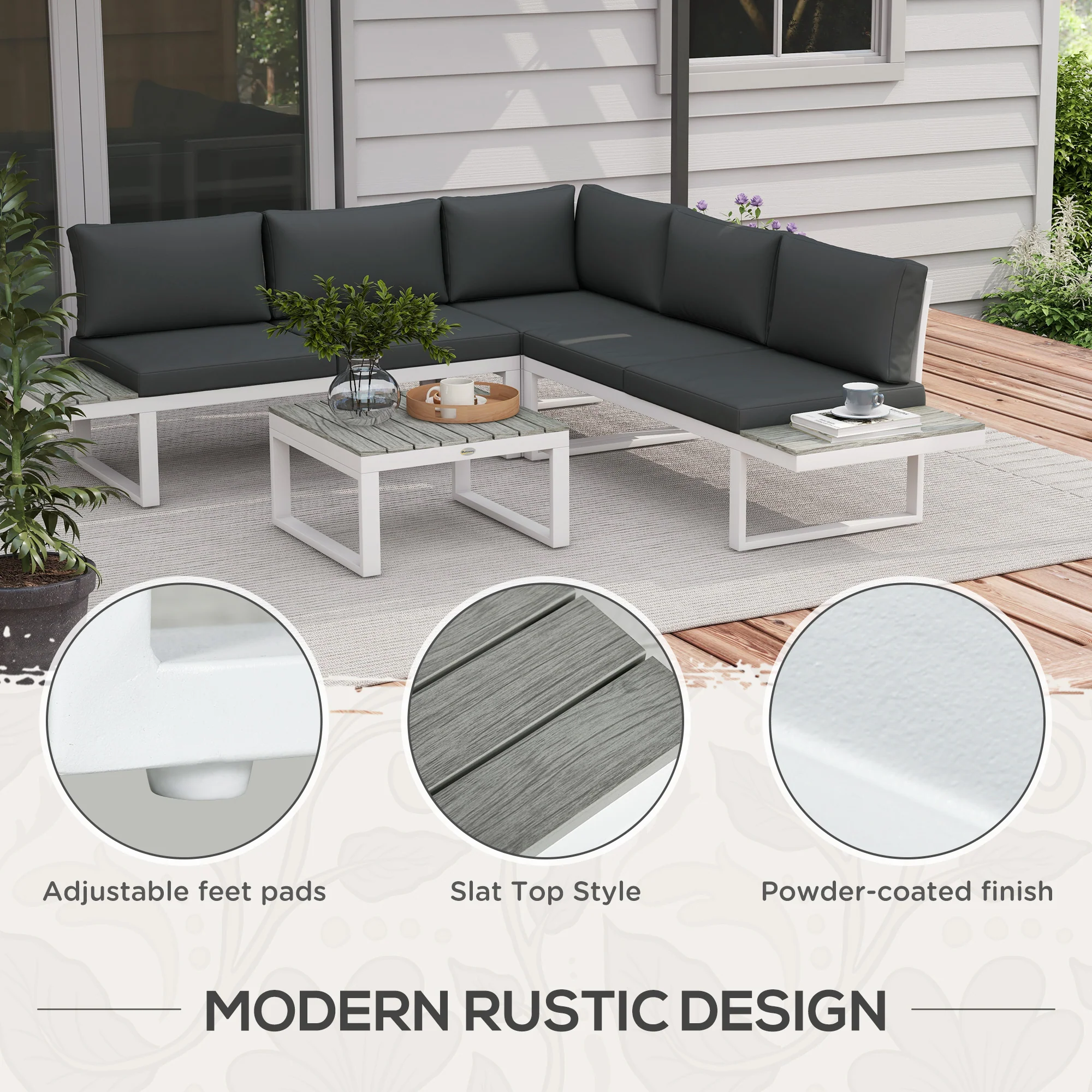 FlexNook Patio Sofa Set w/ 5-Level Recline Corner Sofa and Slatted Table, White and Grey - Image 9