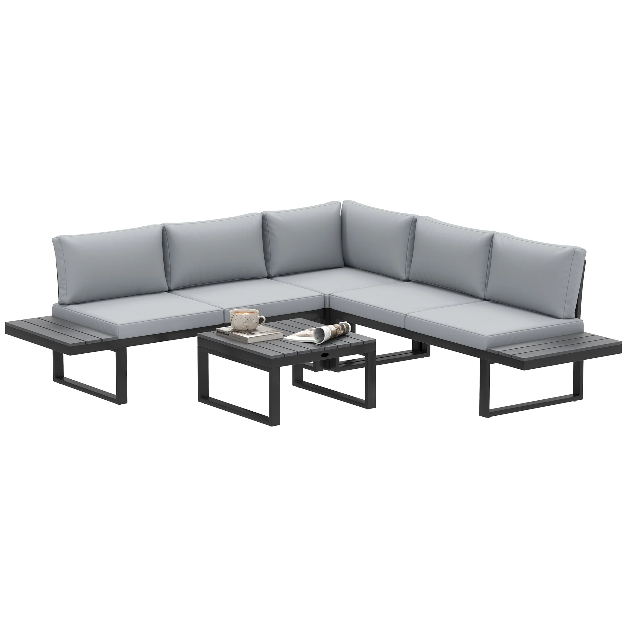 FlexNook Patio Sofa Set w/ 5-Level Recline Corner Sofa and Slatted Table, Black and Light Grey