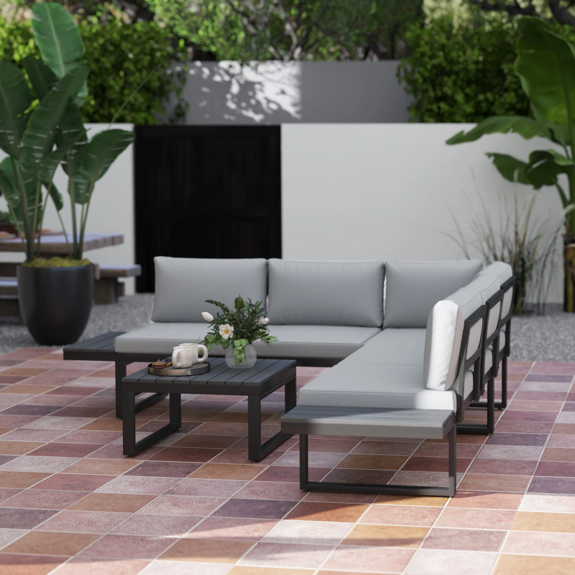 FlexNook Patio Sofa Set w/ 5-Level Recline Corner Sofa and Slatted Table, Black and Light Grey - Image 11