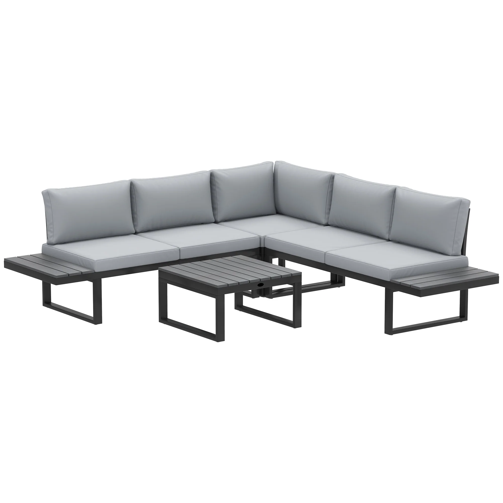 FlexNook Patio Sofa Set w/ 5-Level Recline Corner Sofa and Slatted Table, Black and Light Grey - Image 12