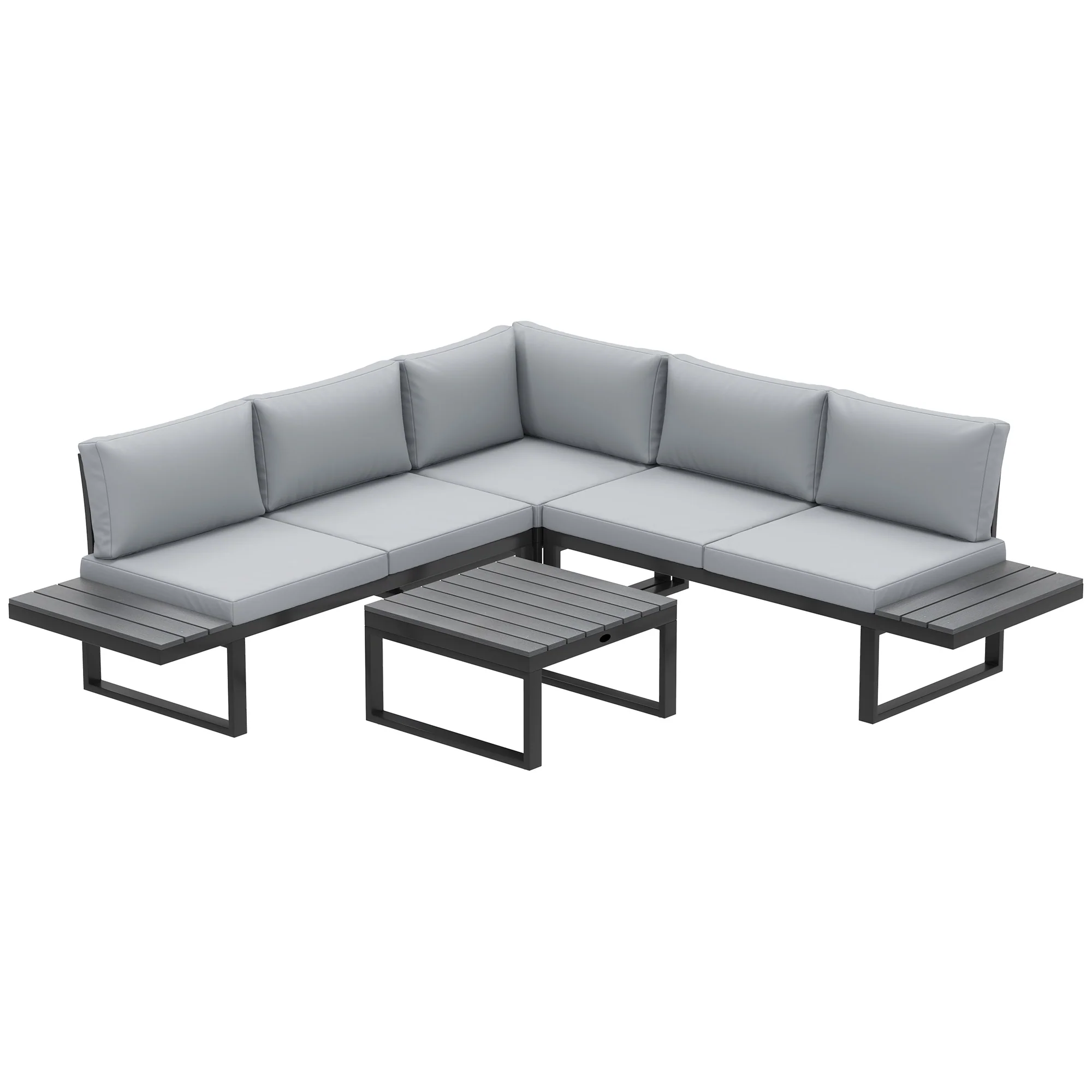 FlexNook Patio Sofa Set w/ 5-Level Recline Corner Sofa and Slatted Table, Black and Light Grey - Image 2