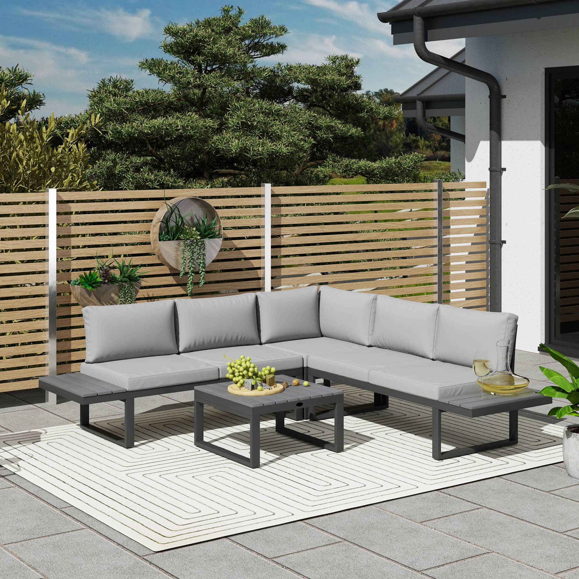 FlexNook Patio Sofa Set w/ 5-Level Recline Corner Sofa and Slatted Table, Black and Light Grey - Image 3
