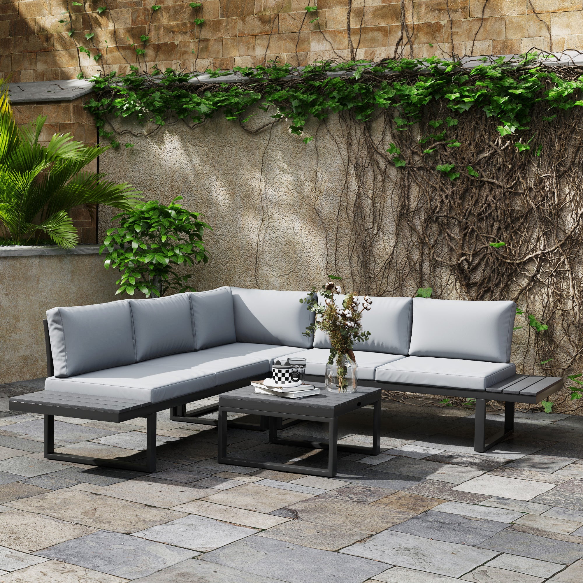 FlexNook Patio Sofa Set w/ 5-Level Recline Corner Sofa and Slatted Table, Black and Light Grey - Image 4