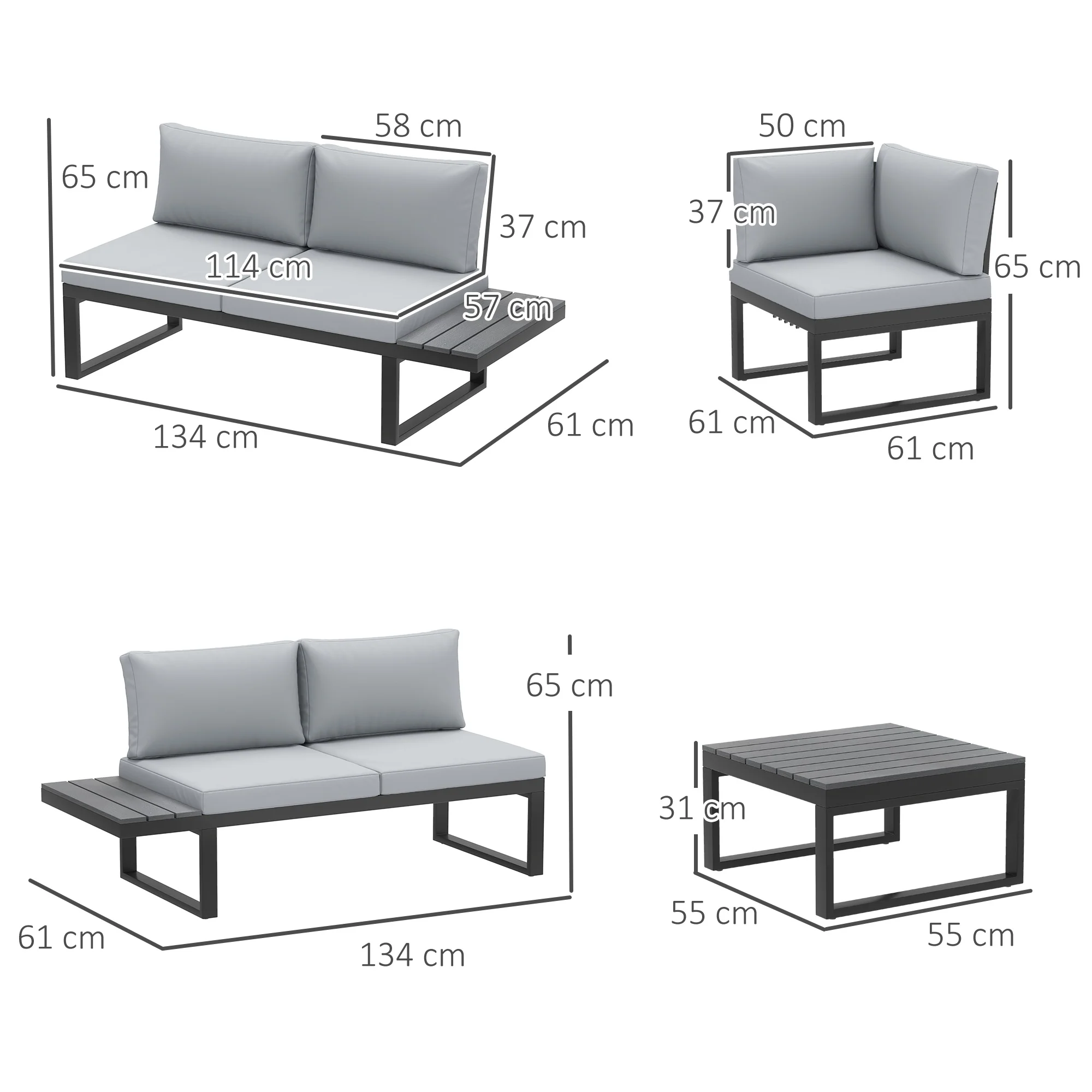 FlexNook Patio Sofa Set w/ 5-Level Recline Corner Sofa and Slatted Table, Black and Light Grey - Image 5
