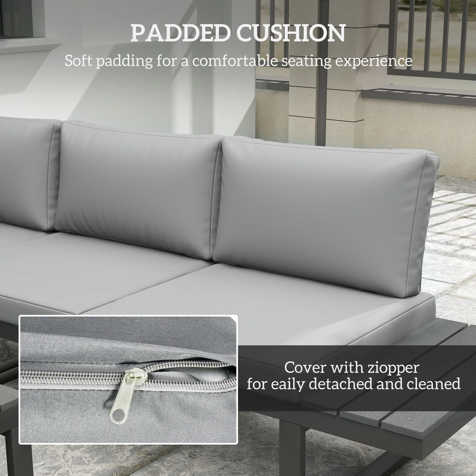 FlexNook Patio Sofa Set w/ 5-Level Recline Corner Sofa and Slatted Table, Black and Light Grey - Image 7