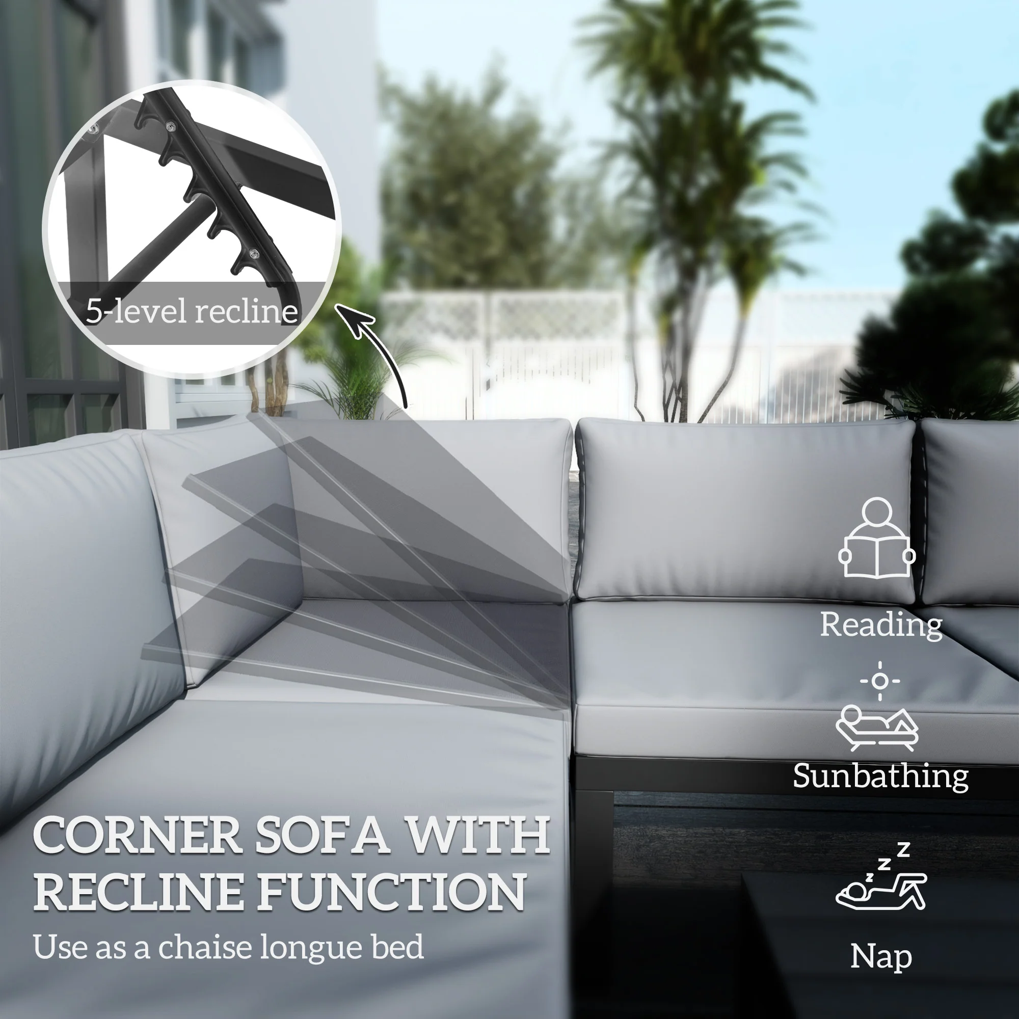 FlexNook Patio Sofa Set w/ 5-Level Recline Corner Sofa and Slatted Table, Black and Light Grey - Image 8