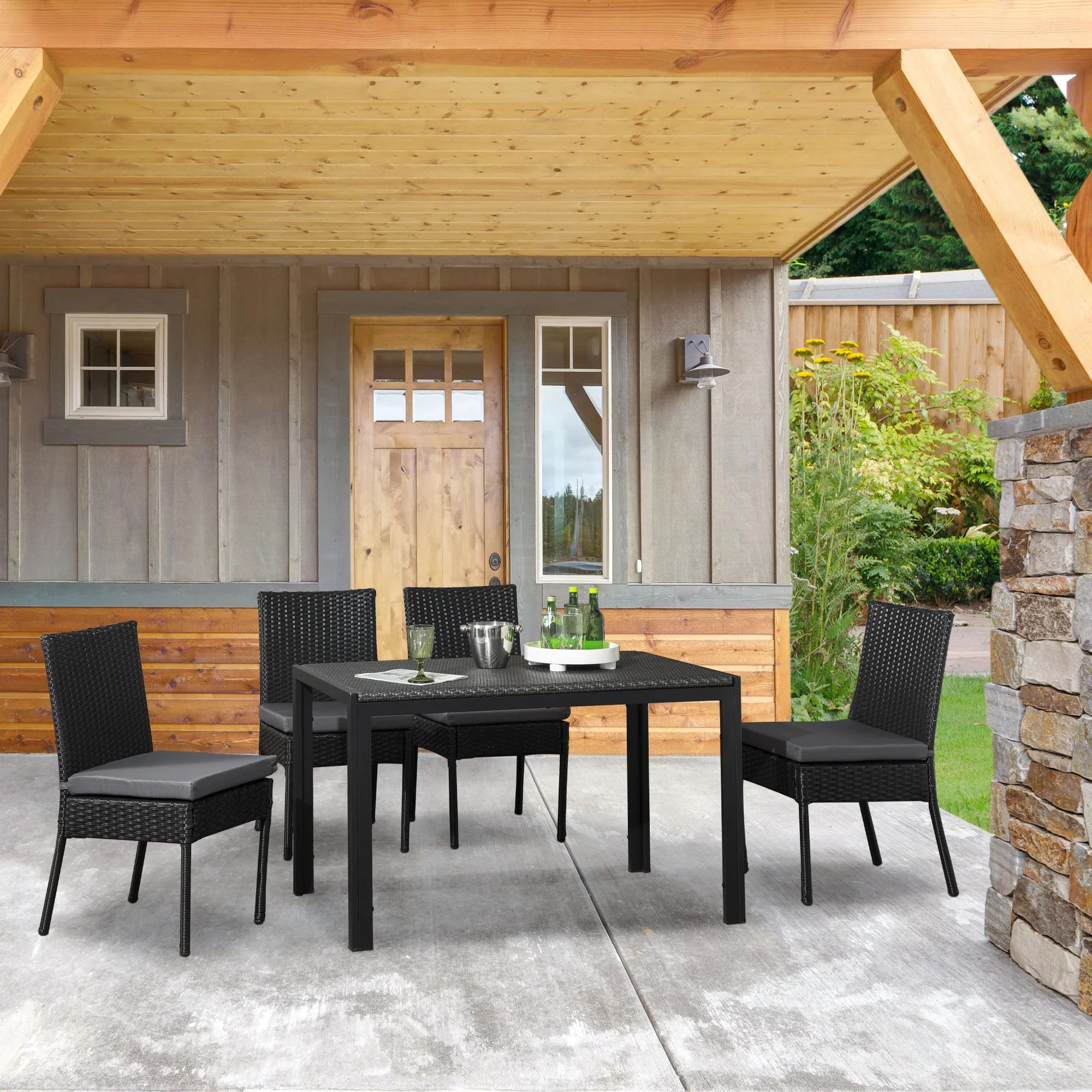4 Pieces PE Rattan Dining Chairs with Cushion for Patio, Deck, Garden, Black - Image 3
