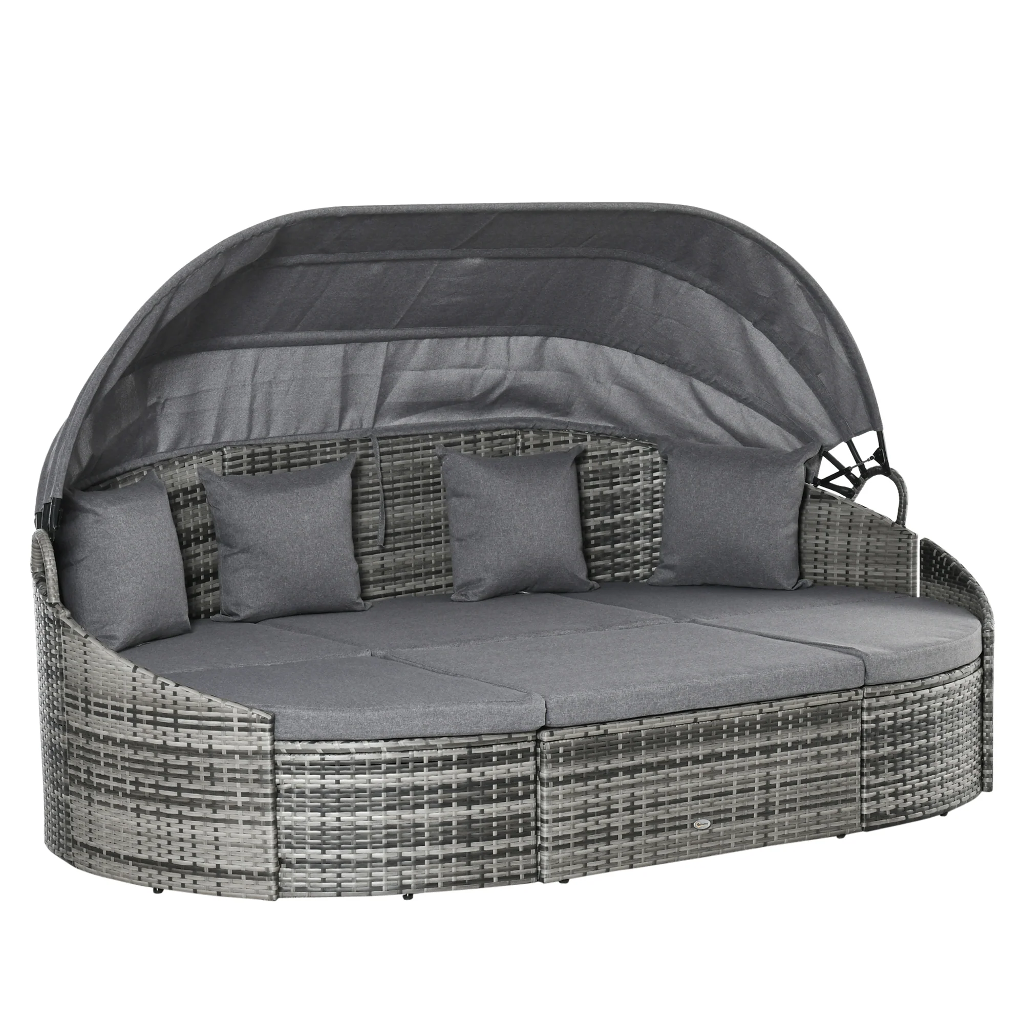 4 Pieces PE Wicker Round Daybed, Outdoor Rattan Garden Lounge Furniture Sets, Grey - Image 12
