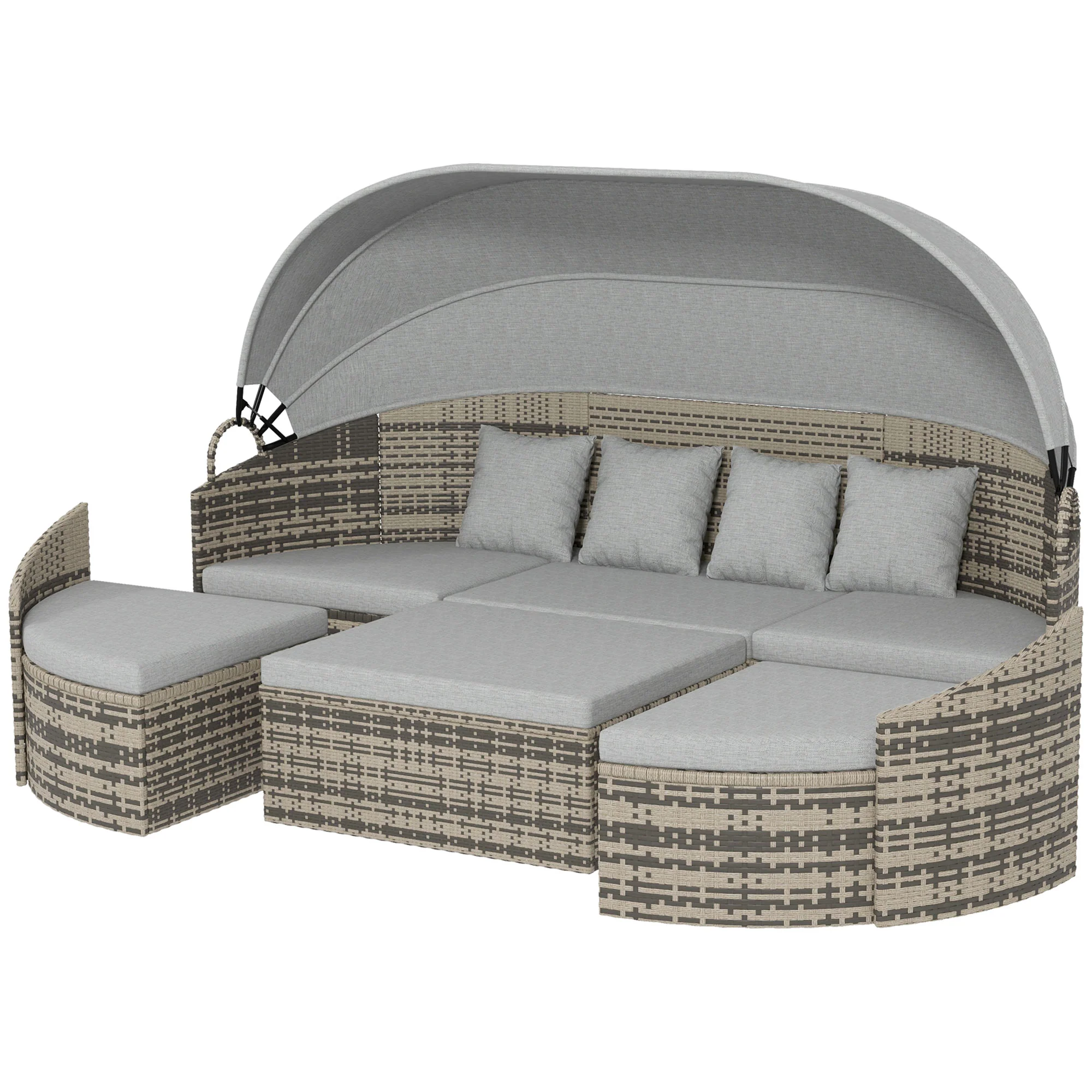 4 Pieces PE Wicker Round Daybed, Outdoor Rattan Garden Lounge Furniture Sets, Light Grey - Image 2