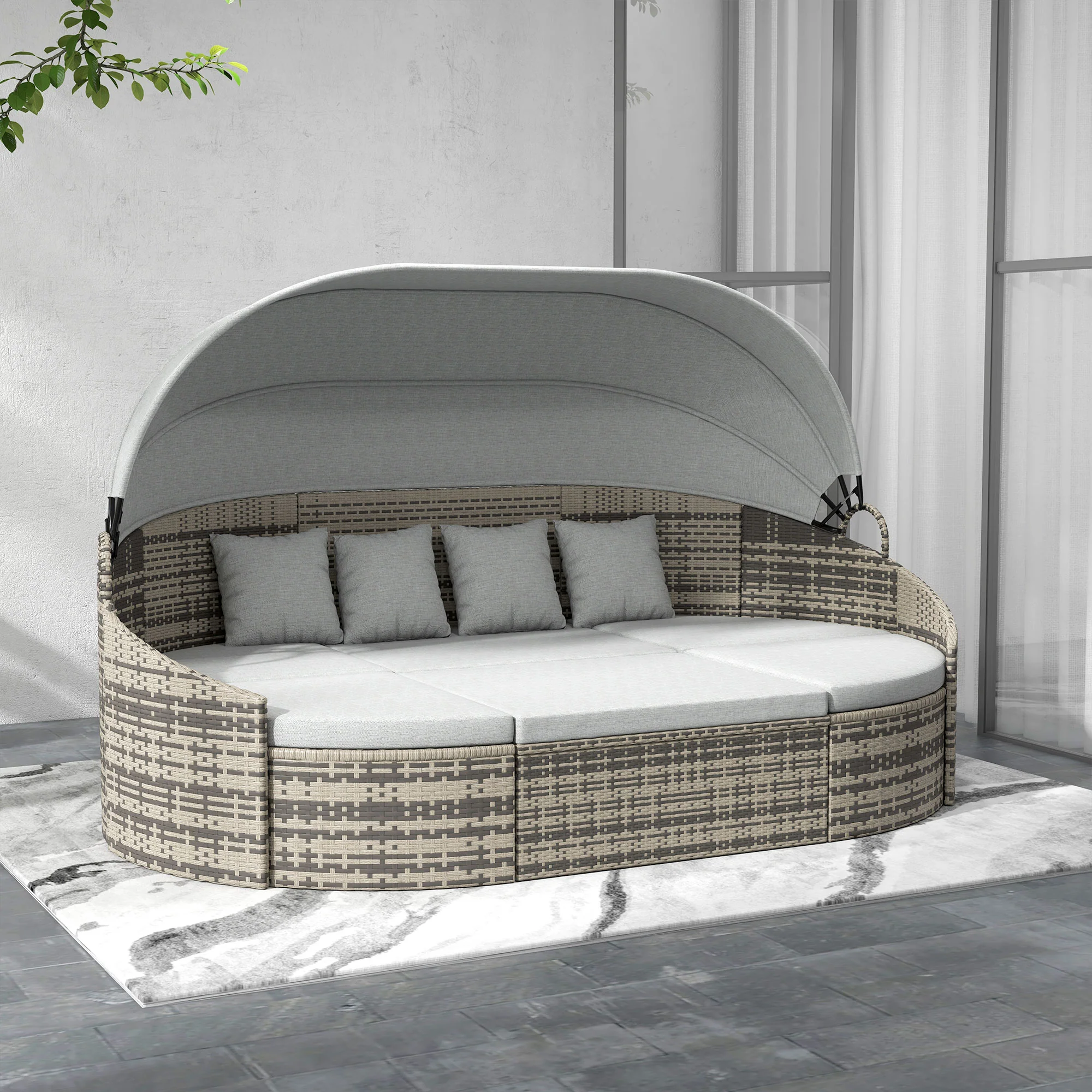 4 Pieces PE Wicker Round Daybed, Outdoor Rattan Garden Lounge Furniture Sets, Light Grey - Image 3