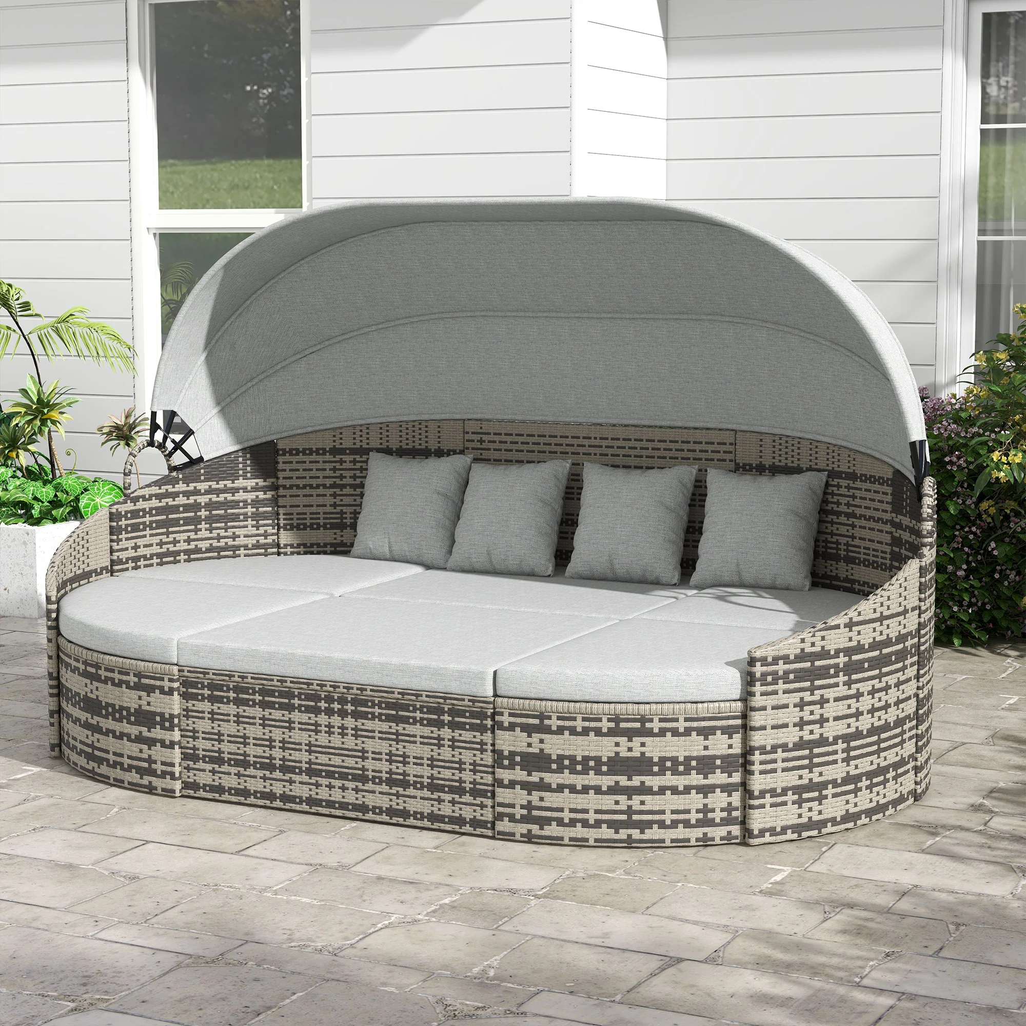 4 Pieces PE Wicker Round Daybed, Outdoor Rattan Garden Lounge Furniture Sets, Light Grey - Image 4