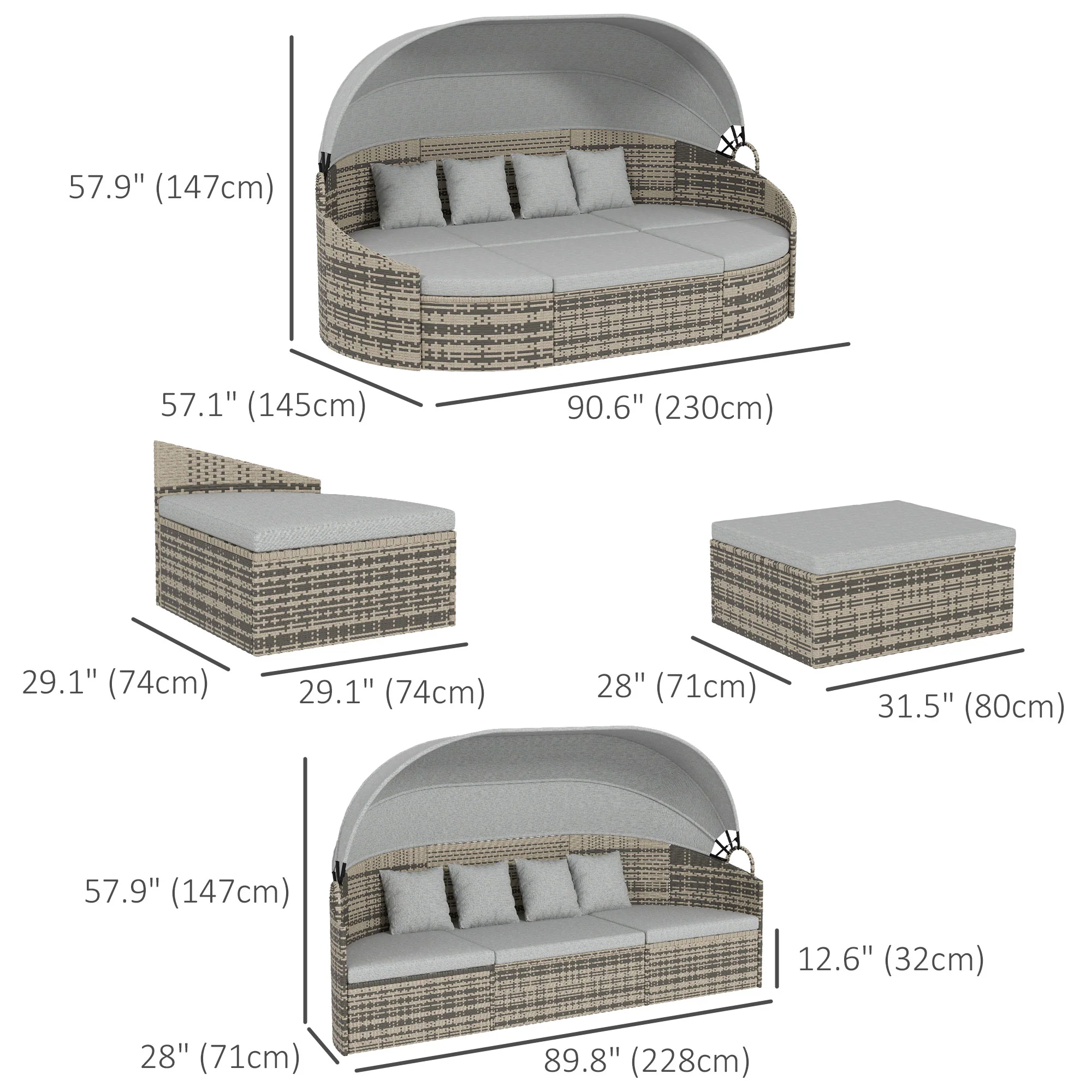 4 Pieces PE Wicker Round Daybed, Outdoor Rattan Garden Lounge Furniture Sets, Light Grey - Image 5