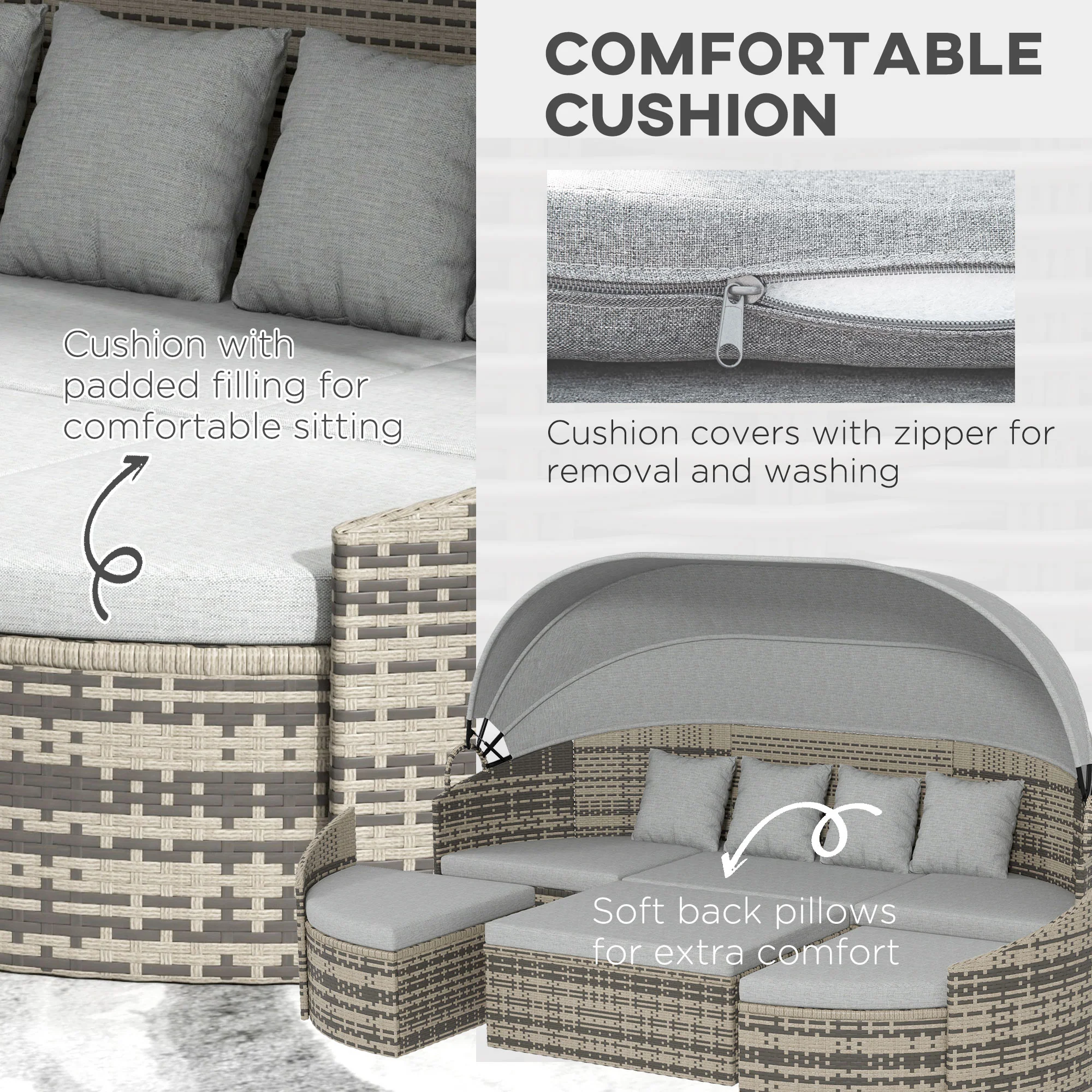 4 Pieces PE Wicker Round Daybed, Outdoor Rattan Garden Lounge Furniture Sets, Light Grey - Image 6