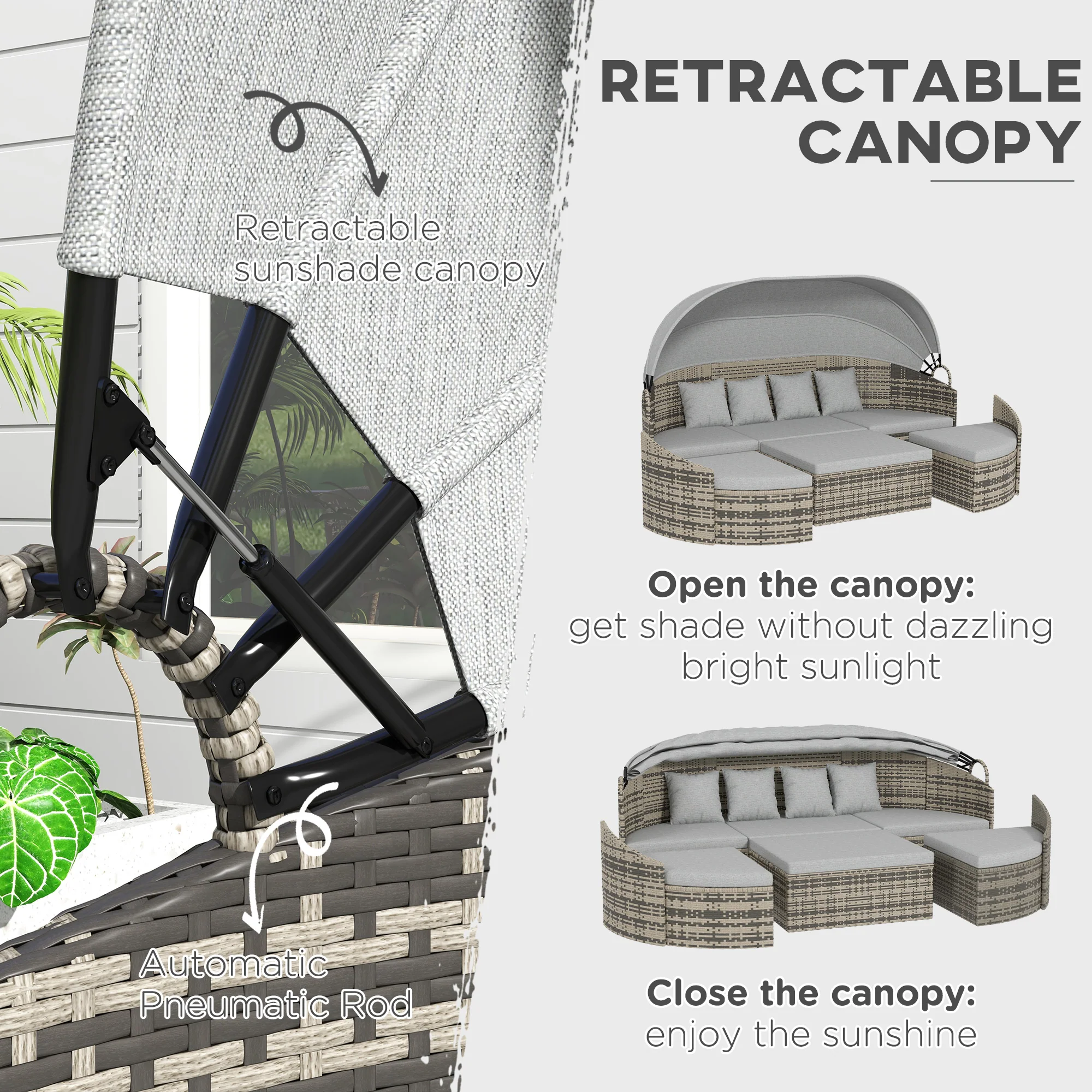 4 Pieces PE Wicker Round Daybed, Outdoor Rattan Garden Lounge Furniture Sets, Light Grey - Image 7