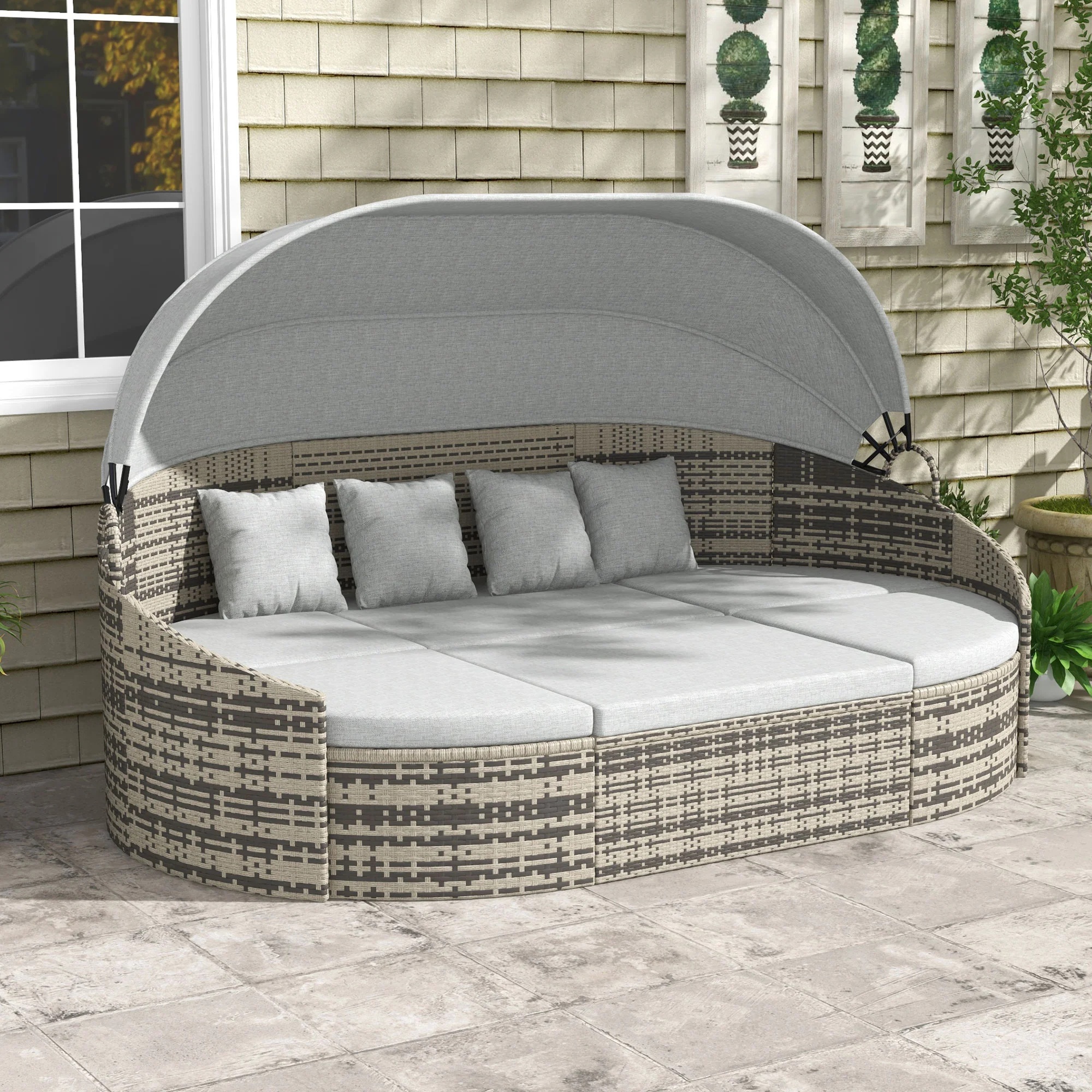 4 Pieces PE Wicker Round Daybed, Outdoor Rattan Garden Lounge Furniture Sets, Light Grey - Image 9