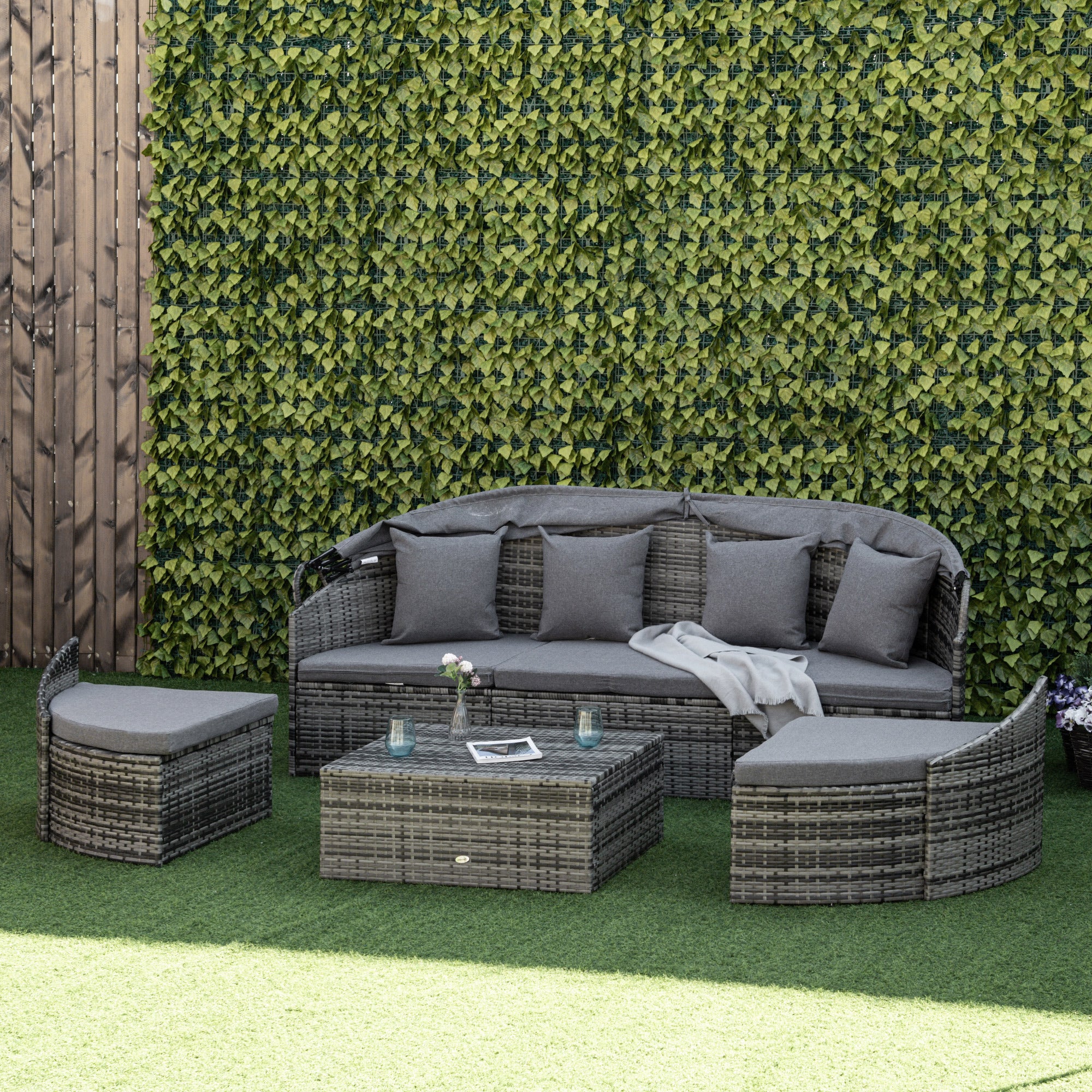 4 Pieces PE Wicker Round Daybed, Outdoor Rattan Garden Lounge Furniture Sets, Grey - Image 4