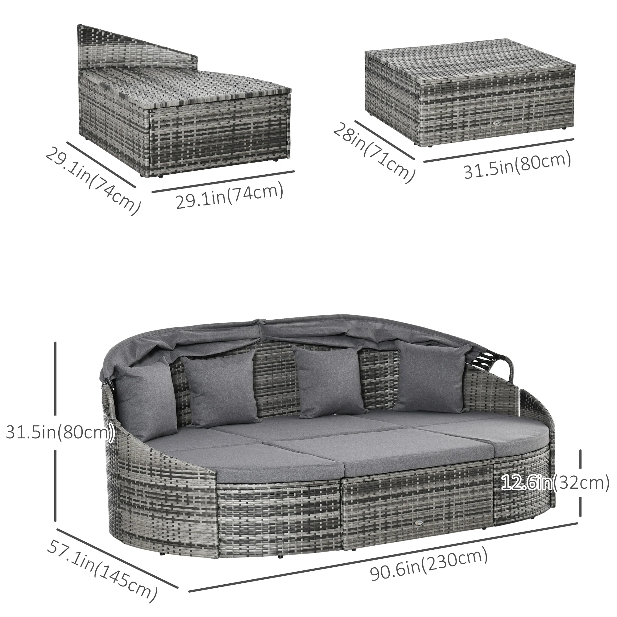 4 Pieces PE Wicker Round Daybed, Outdoor Rattan Garden Lounge Furniture Sets, Grey - Image 5